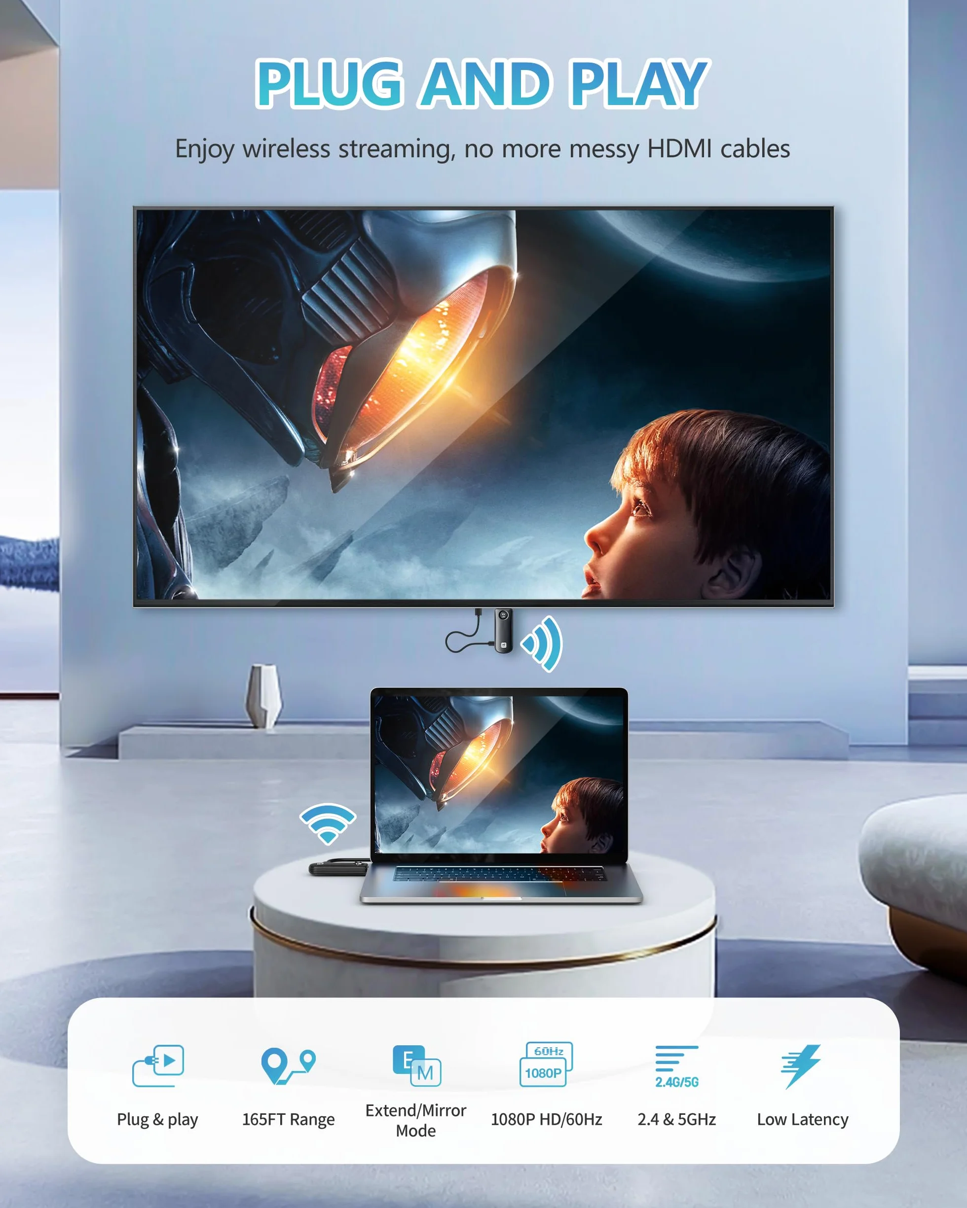 Transmisja radiowa HDMI, bezprzewodowy nadajnik i odbiornik HDMI Full HD 1080P, 2.4/5G, bezprzewodowy przedłużacz do strumieniowego przesyłania multimediów wideo audio z lustrzanek cyfrowych, laptopów