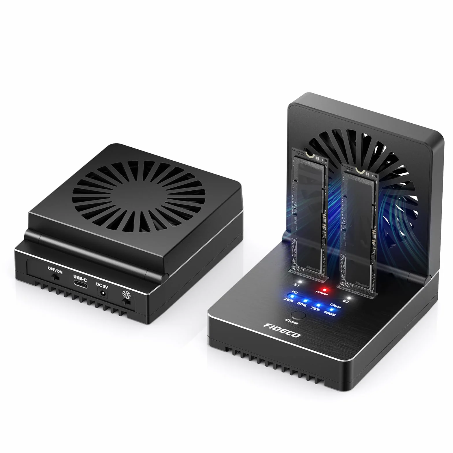FIDECO M.2 NVMe SATA SSD Cloner Dock, USB 3.2 Gen 2, 20 Gb/s NVMe Cloner Duplicator ze składanym wentylatorem chłodzącym, obsługa klonu offline, UASP i TRIM, aluminiowa konstrukcja