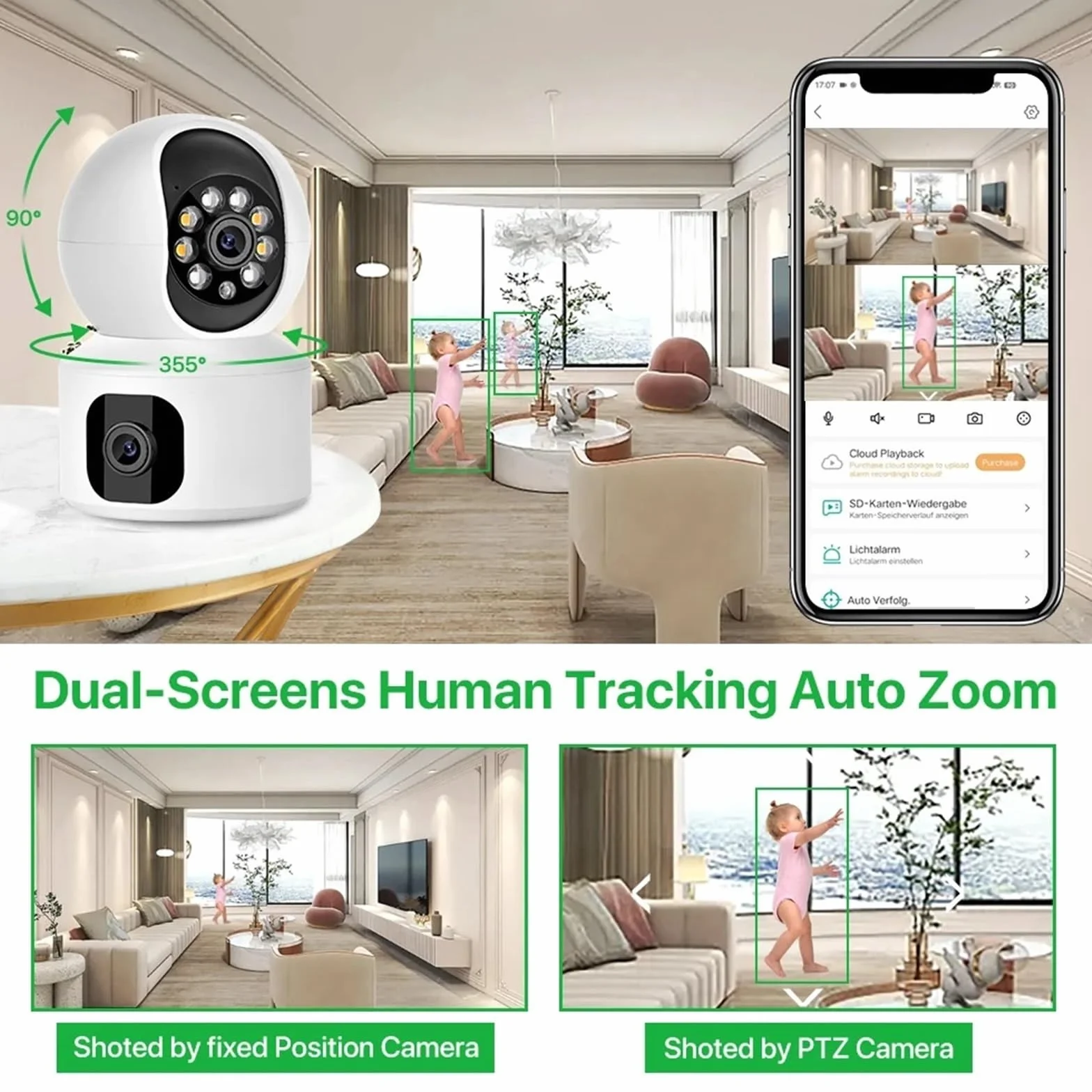 Kamery Monitoringu, 2K 4MP podwójny obiektyw kamera PTZ IP podwójny ekran kamera ochrony domu 3MP HD automatyczne śledzenie niania elektroniczna baby monitor nadzór wideo(3MP Add 64G)
