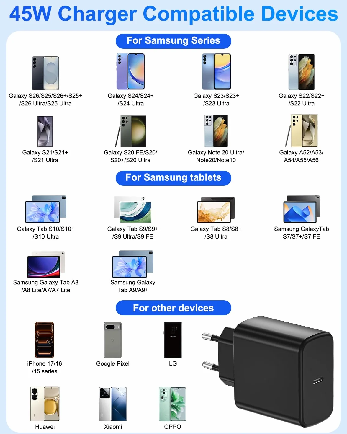 Szybka Ładowarka USB C 45W do Samsung Galaxy S26,S26+,S26 Ultra,S25+,S25 Ultra,S25,S24,S23,Note20, A56,A53,Z Fold7 6,Tab, Wtyczka Sieciowa USB C Ładowarka Typu C Adapter z Kablem UsB C 2M do iPhone'a