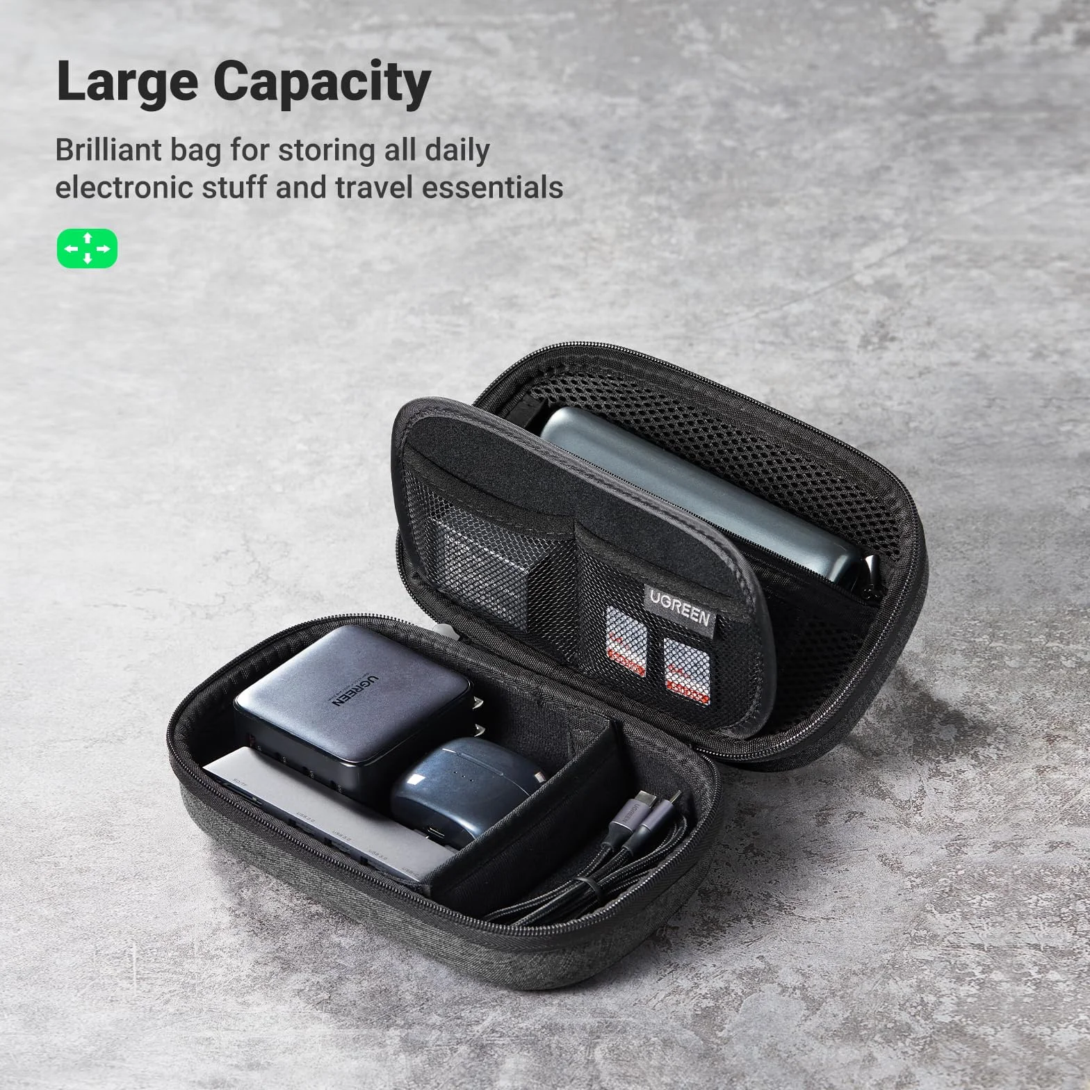 UGREEN Pokrowiec do przechowywania akcesoriów elektronicznych, wodoodporne etui na kable, ochrona przed uderzeniami, organizator do pamięci USB, ładowarki, dysku twardego, kart pamięci (czarny)
