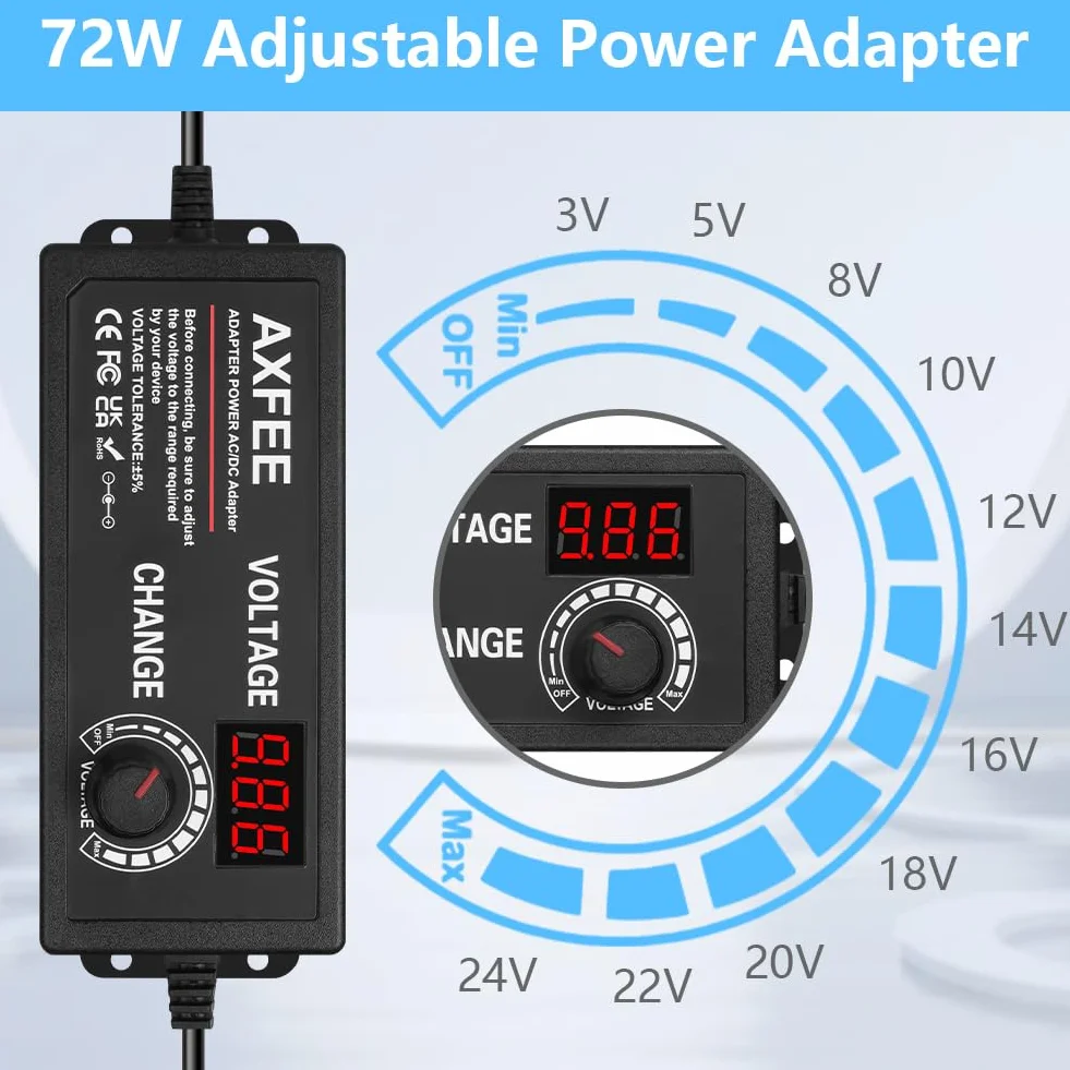 AXFEE Regulowany adapter sieciowy 3 A 72 W, zasilacz 3 V-24 V, uniwersalny 100 V-240 V AC na DC, 5,5 mm z 14 adapterami