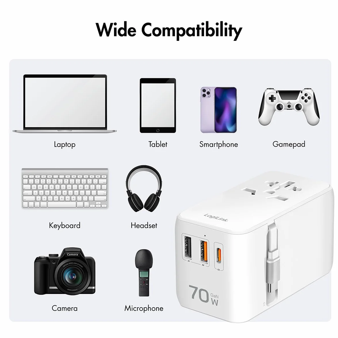 LogiLink PA0357 - uniwersalny zasilacz podróżny z 10 rodzajami wtyczek do >200 krajów, 70 W i PD (PowerDelivery) i QuickCharge, 3 x porty USB, ognioodporny