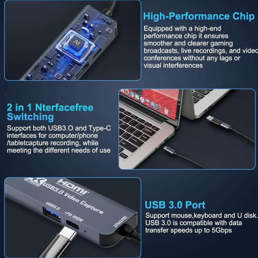 Flintronic Karta do przechwytywania wideo 1080p HDMI na USB/USB C do gier i transmisji