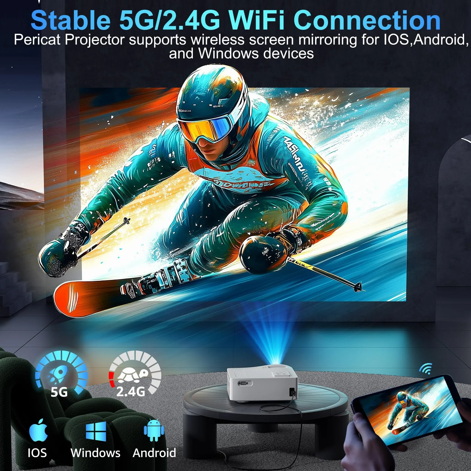 5G WiFi Bluetooth Projector, Natywna interwencja 1080P Natywna Projektor Filmowy z 350-calowym wyświetlaczem, 18000L Projektor wideo do kina domowego kompatybilny z 4K,