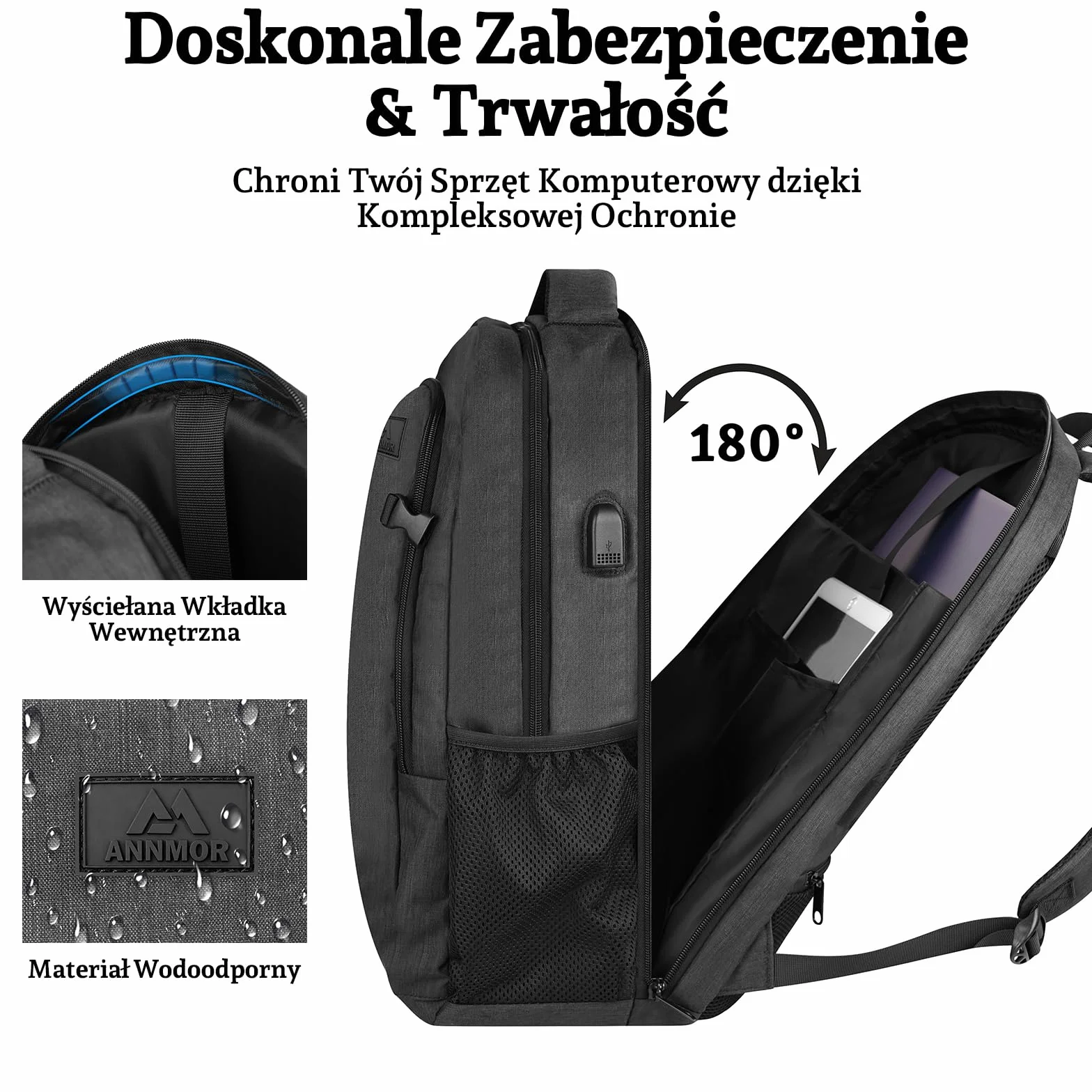 Plecak na Laptopa 17,3 cala Antykradzieżowy dla Mężczyzn, Plecak Podróżny & Szkolny z Portem USB, Wszechstronny Towarzysz dla Nastolatków, Studentów i Pracujących