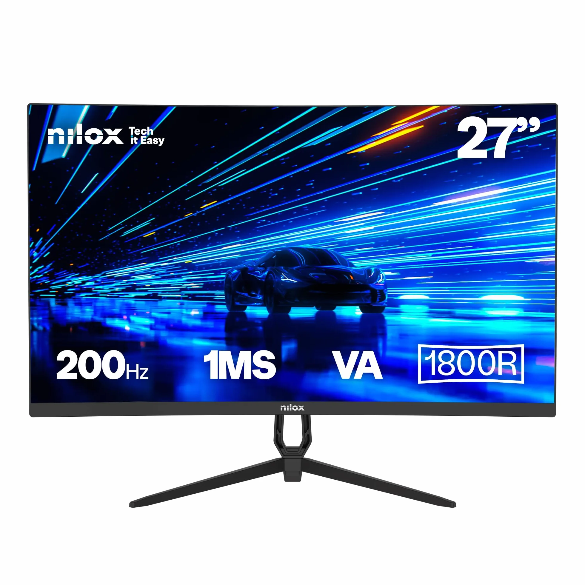 Nilox Zakrzywiony monitor do gier NXM27CRV2001, Full HD VA, częstotliwość 200 Hz, czas odpowiedzi 1 ms, połączenia HDMI/DP, obsługa VESA 100 × 100 mm