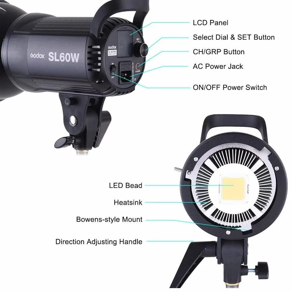 Godox SL-60W SL60W 60W 5600K Biała lampa LED do wideo z instrukcją obsługi w języku niemieckim do nagrywania wideo, ślubów, zdjęć zewnętrznych (SL60W)