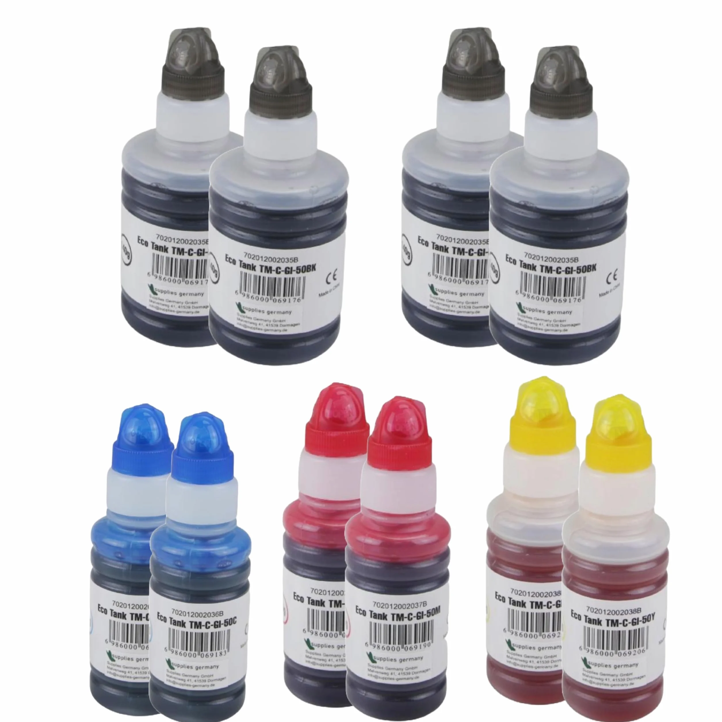 Eurotone GI-50 GI50 tusz do drukarek, kompatybilny z drukarkami Canon PIXMA GM2050 GM4050 G5050 G6050 G7050, 10-kolorowy wielopak (4 x czarny/2 x cyjan/2 x magenta/2 x żółty)