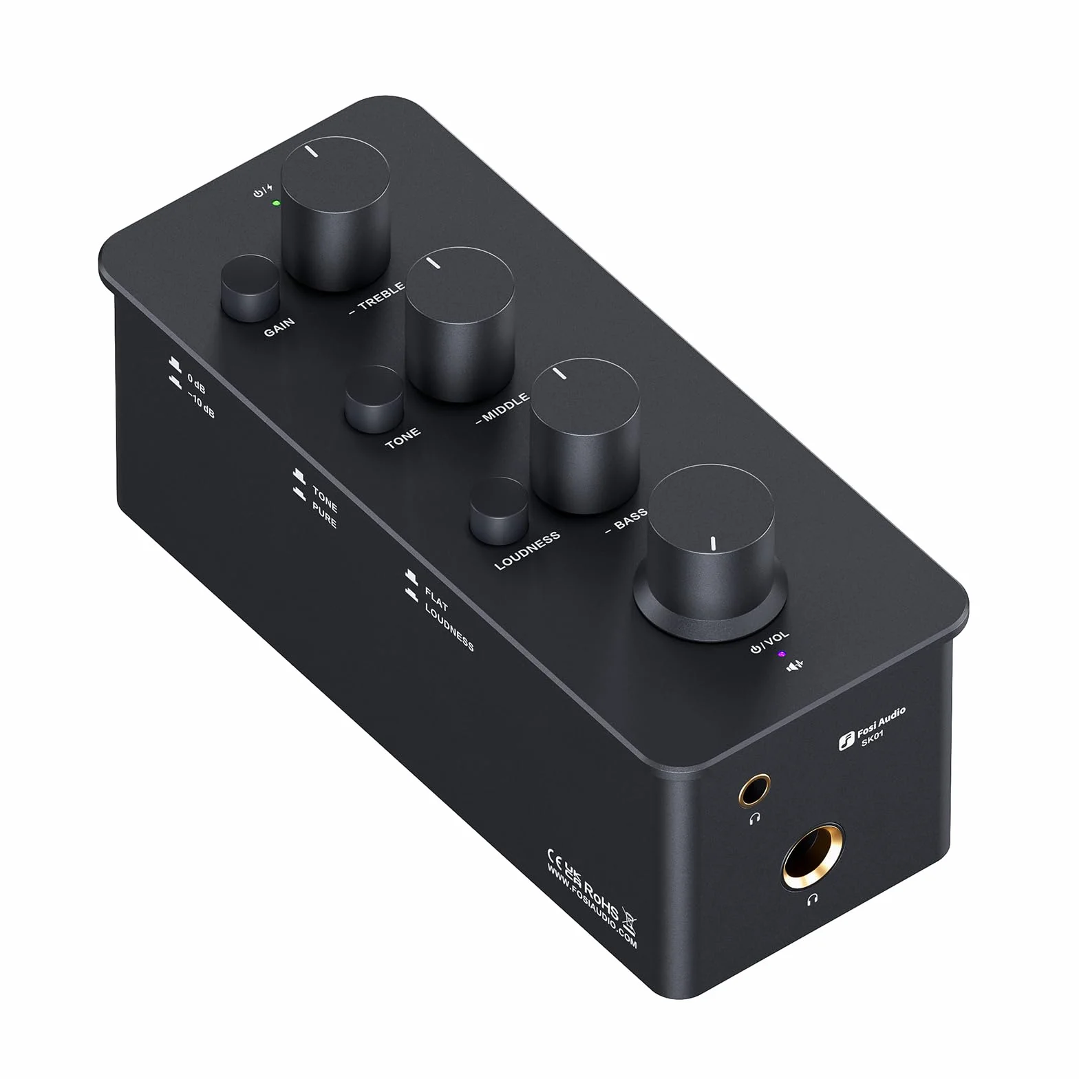 Fosi Audio SK01 Wzmacniacz Słuchawkowy z Korektorem Preamp z Regulacją Tonów Niskich średnich i wysokich oraz kompensacją głośności Analogowy Amp Klasy A do gitary elektrycznej z gniazdami 3,5/6,35mm