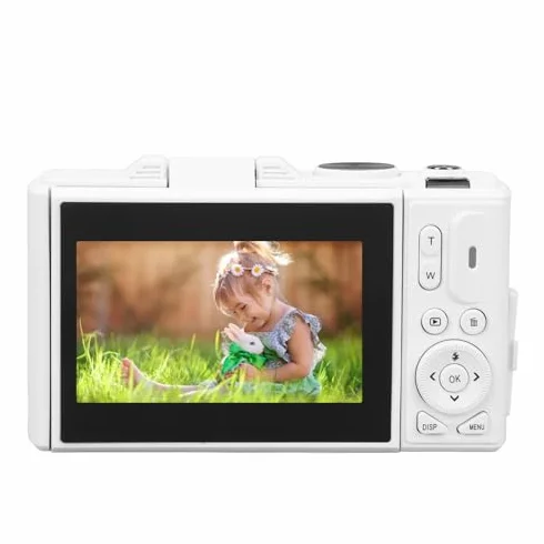 Aparat Cyfrowy, 18-krotny Zoom, Stabilizator 64 MP i Kamera UHD 4K z kartą Pamięci 256 GB, 3-calowy Ekran IPS dla Chłopców, Dziewcząt i Dzieci (WHITE)
