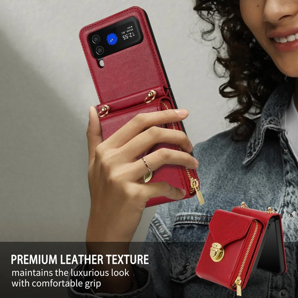 Etui na telefon ze skóry z zamkiem błyskawicznym i kieszenią na karty do Samsung Galaxy Z Flip 5 4 3 ze smyczą, etui z klapką, czerwone, do Z Flip 4