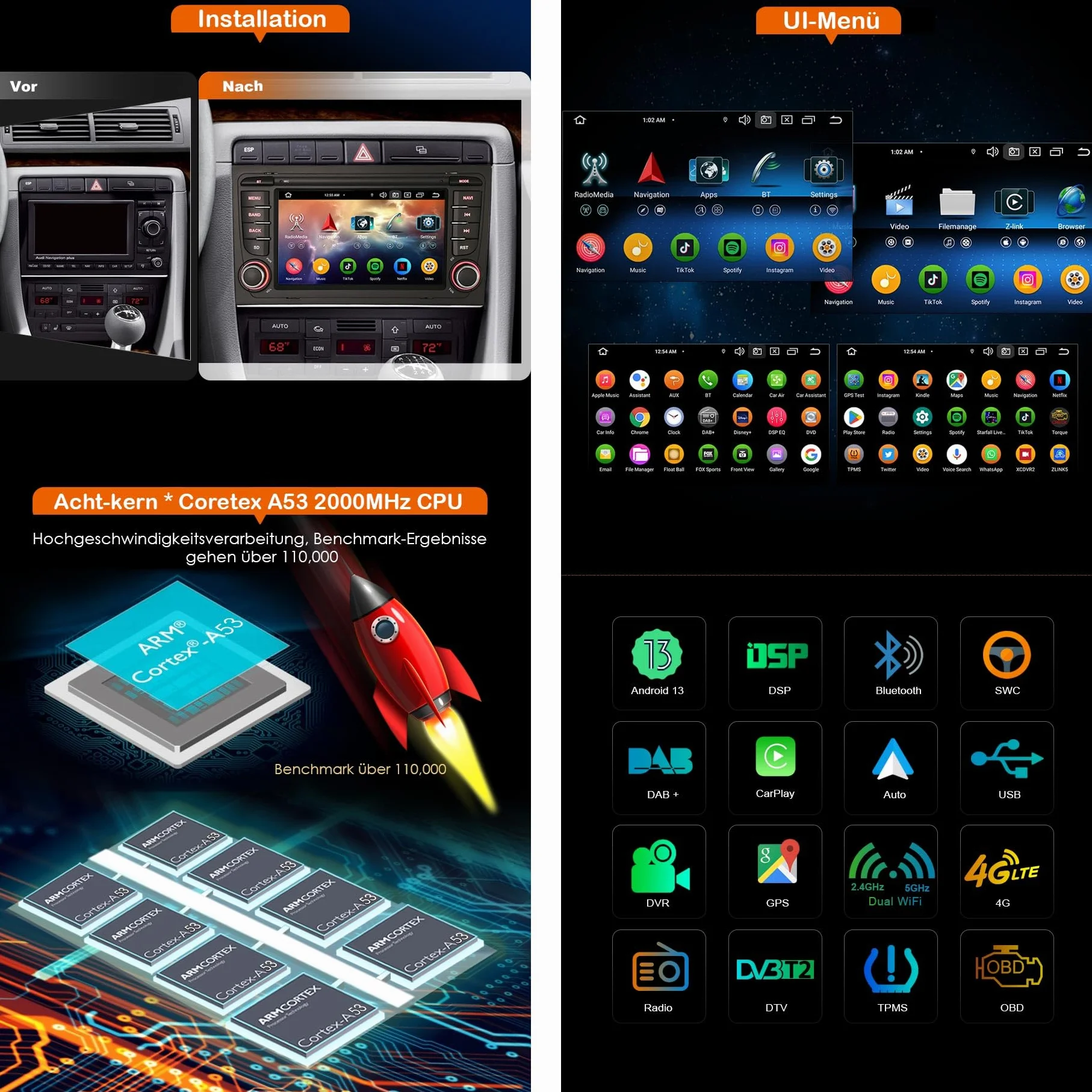 Erisin Android 13 ośmiordzeniowy 4 GB + 64 GB radio samochodowe do Audi A4 2002-2007 S4 RS4 B9 B7 RNS-E SEAT EXEO z nawigacją GPS, obsługuje bezprzewodowy CarPlay Android Auto WLAN 4G Bluetooth FM RDS
