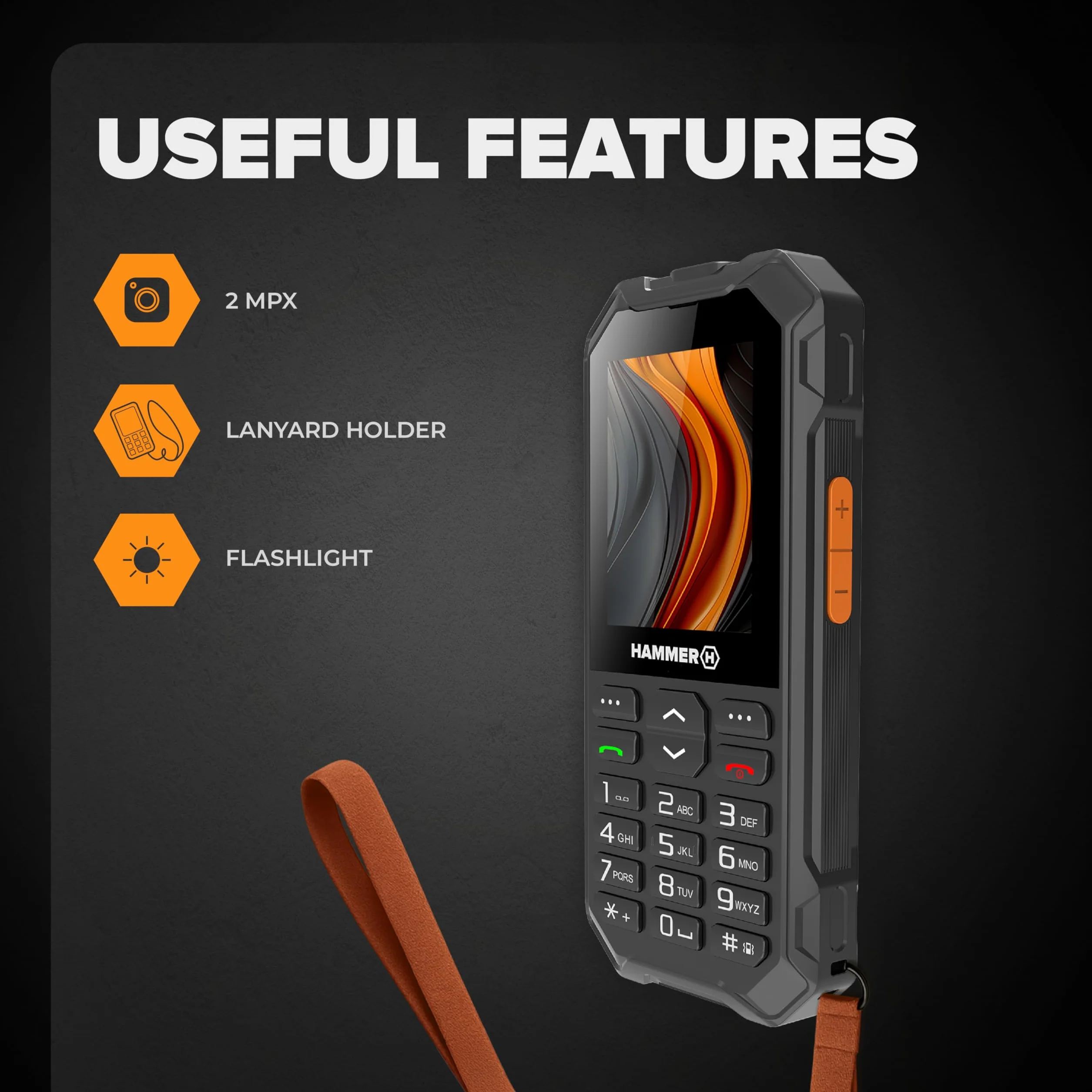 Telefon klawiszowy Hammer 6 LTE, duża bateria 2500 mAh do 7 dni czuwania, latarka i przycisk SOS, technologia Volte, podświetlane przyciski, test upadku IP68 1,5 metra, ekran 2,4 cala, bez umowy