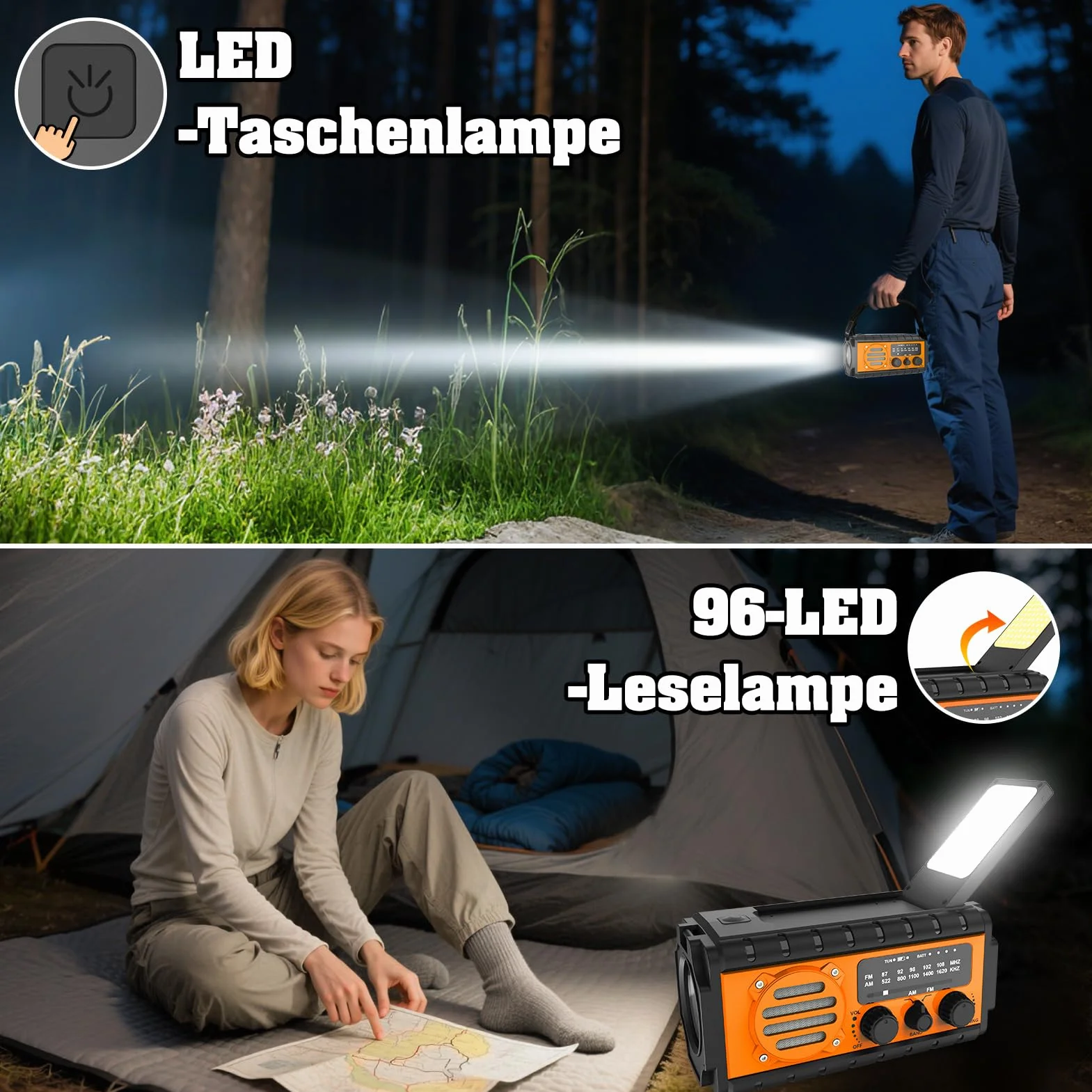 Nigecue Radio Solarne 20000mAh, Przenośne z Korbą, Dynamo z AM/FM, Wbudowana Bateria Akumulatorowa, 3 Tryby LED Latarki, LED Lampa do Czytania z Czujnikiem Ruchu