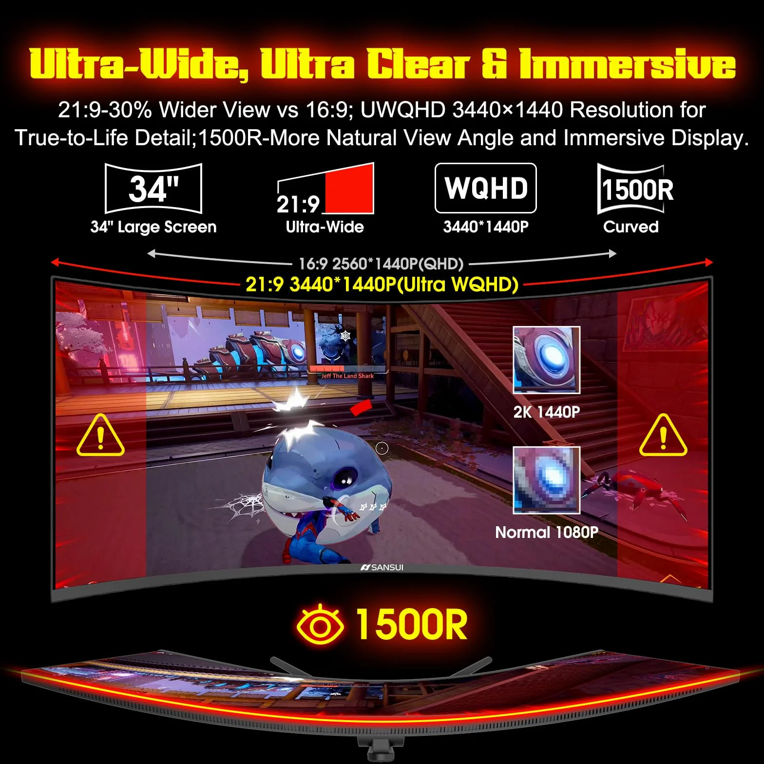 SANSUI Monitor do gier UltraWide UWQHD 3440 x 1440P 240 Hz, zakrzywiony monitor 21:9 2K 1500R, Fast VA, PIP/PBP, AI Crosshair, AIPQ (Visual Enhance), MPRT 1 ms, HDR, HDMI2.1*2, DP1.4 x 2 (oraz oraz