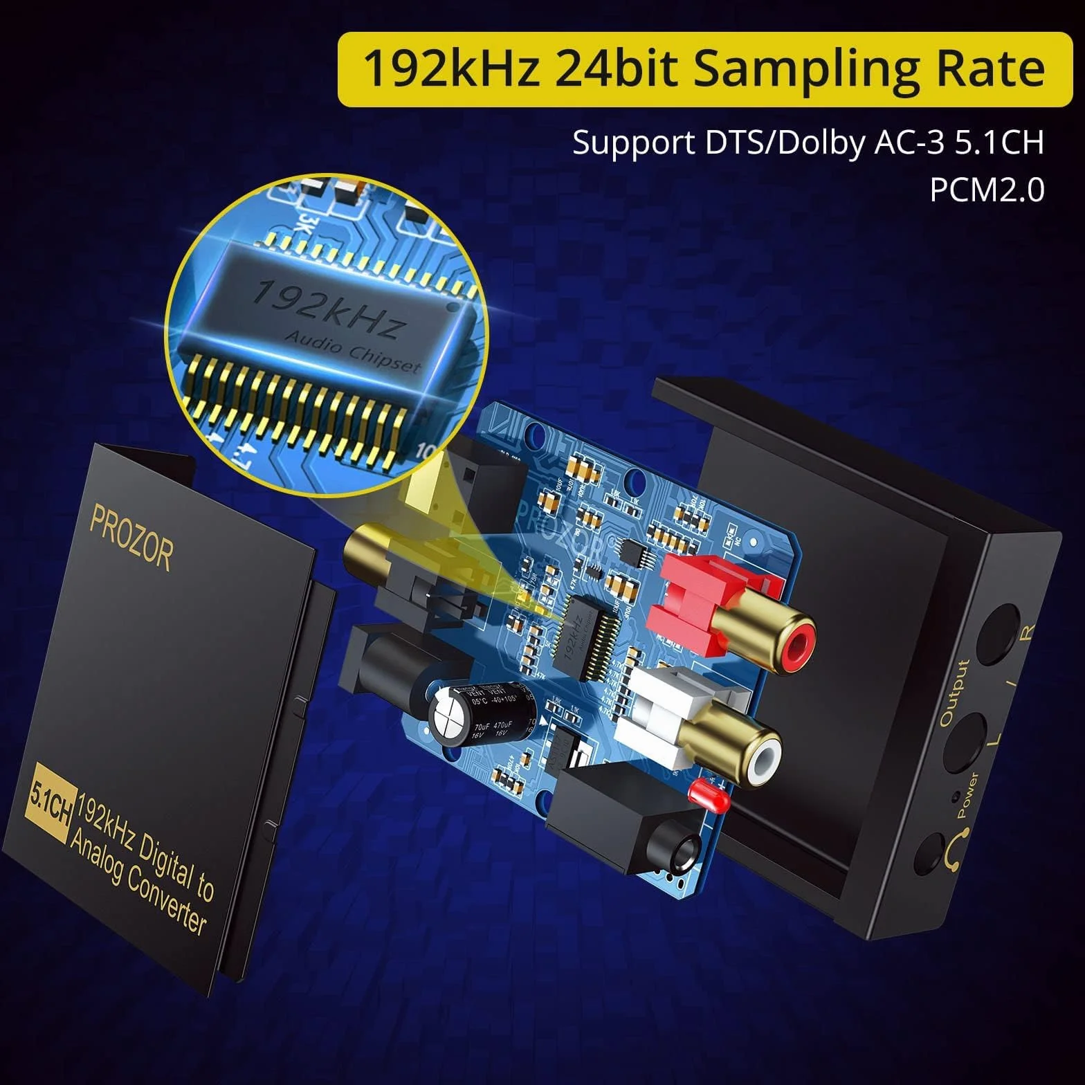 PROZOR Konwerter optyczny na RCA 192 kHz, konwerter DAC, konwerter obsługuje regulację głośności, Coaxial SPDIF Toslink Optical to Analog, stereo L/R, RCA, gniazdo 3,5 mm, adapter audio do HDTV itp