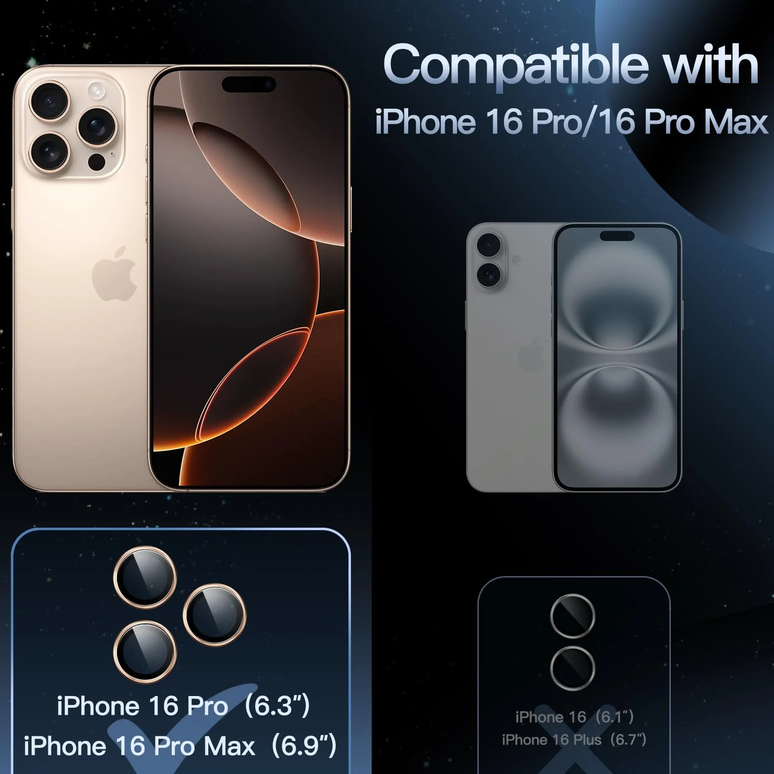 JETech Osłona Obiektywu Aparatu dla iPhone 16 Pro 6,3 Cala i iPhone 16 Pro Max 6,9 Cala, 9H Szkło Hartowane Metalowa Indywidualnego Pierścienia Osłona, HD Przejaśniać, 1 Komplet (Tytan Pustynny)