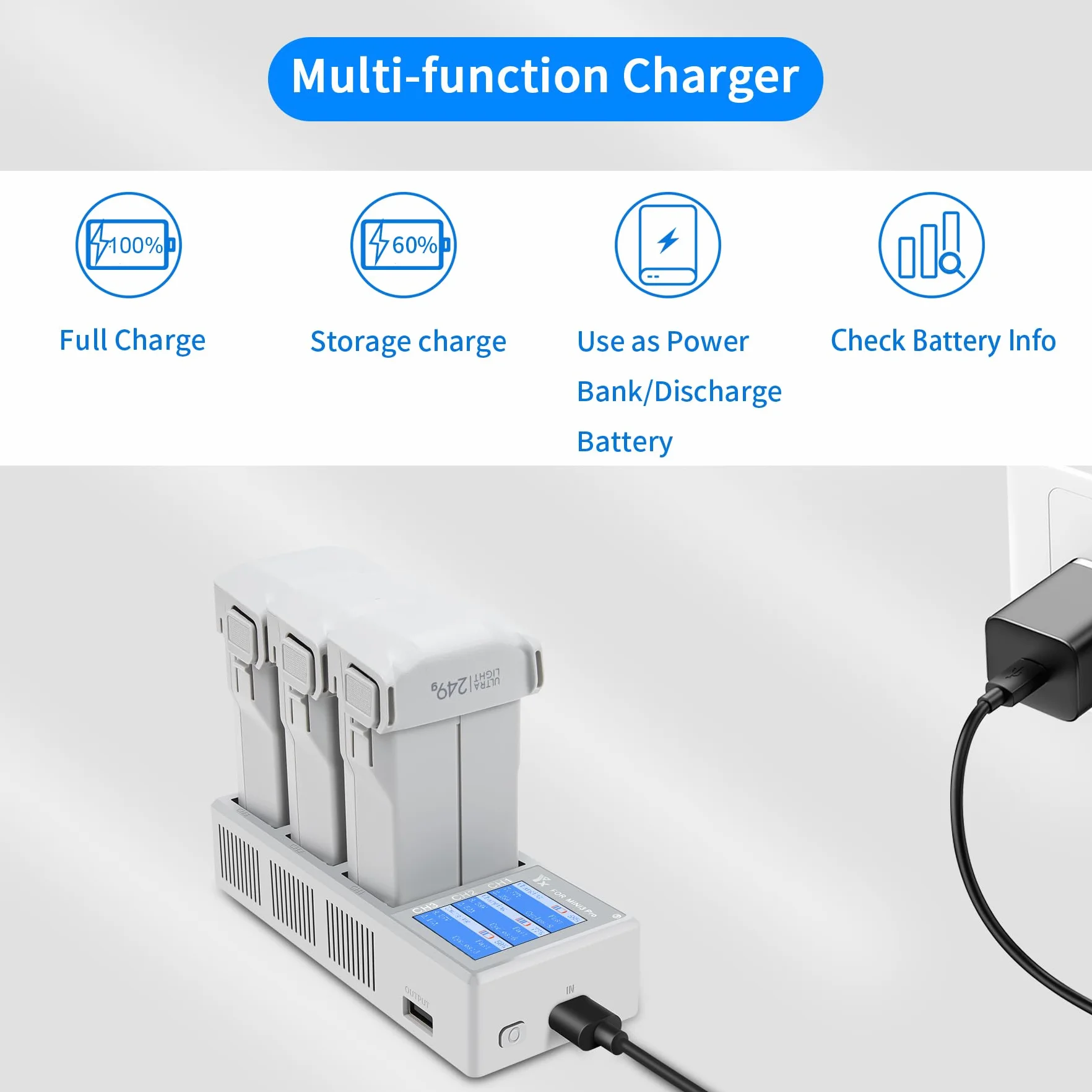 100 W wielofunkcyjna ładowarka równoległa LCD z funkcją Storage Charge, Discharge do DJI Mini 5 4 3 Pro, ładowarka do szybkiego ładowania, stacja ładująca, koncentrator ładowarki, 3 baterie