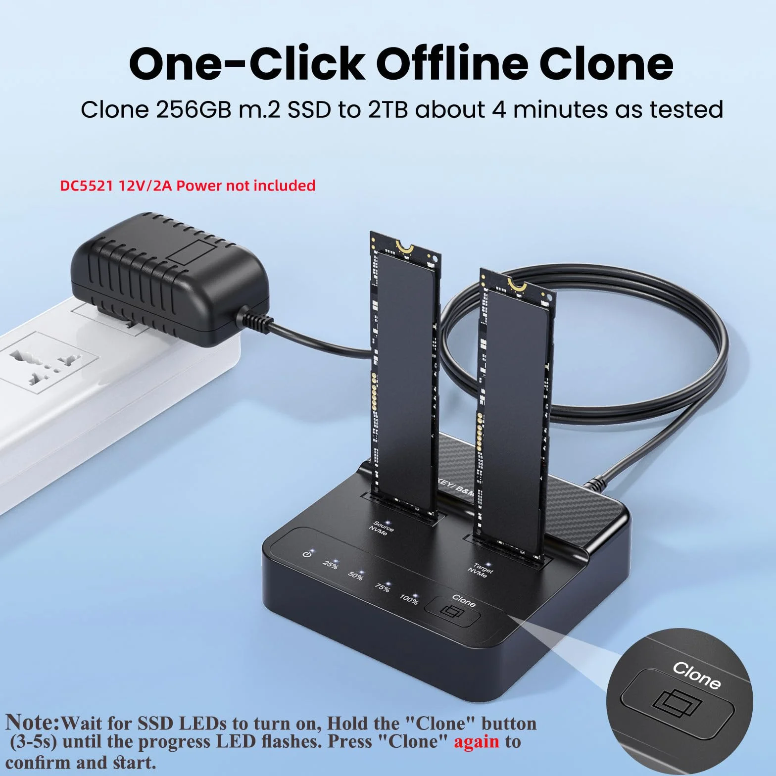 NVMe M.2 Double Bay Cloner, adapter M-Key na USB-C Type-C, offline Backup Box z klonowaniem jednym kliknięciem, szybki, pionowy powielacz 20 Gb/s