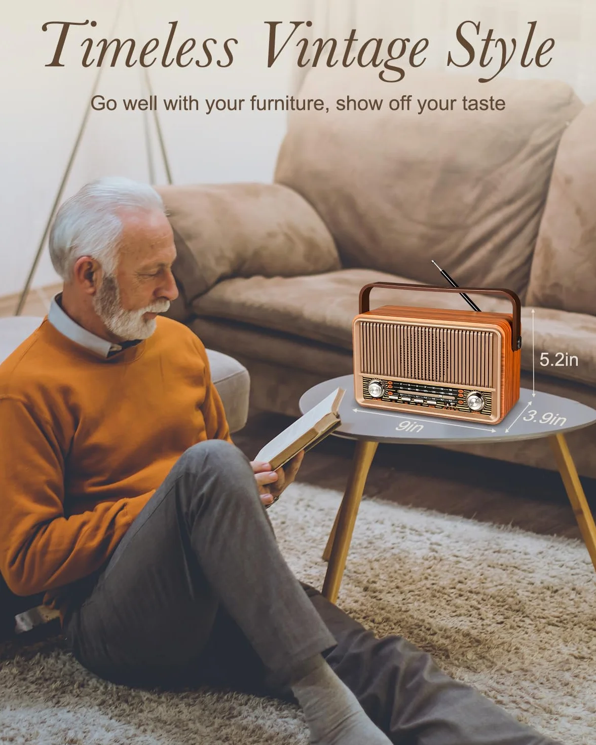 PRUNUS J-120 AM/FM/SW retro małe radio z akumulatorem 1800 mAh lub prądem AC, kuchenne, nostalgiczne z Bluetooth, obsługuje USB/TF/AUX, proste dla seniorów.