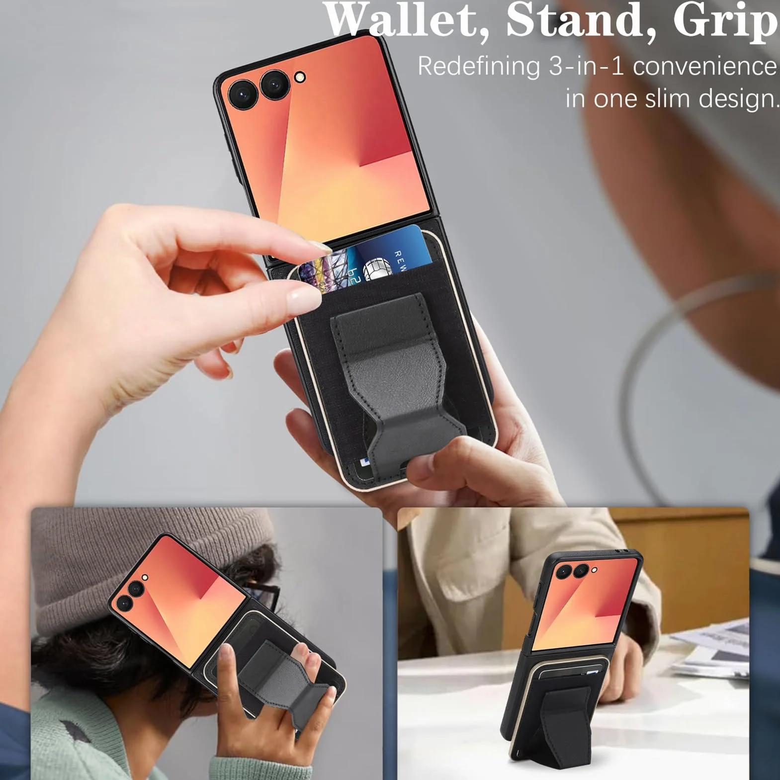 Skórzane etui z klapką do Samsung Galaxy Z Flip 8, oddzielne gniazdo na karty Funkcja stojaka, smukła obudowa do ładowania bezprzewodowego, pomarańczowa, z klapką 8