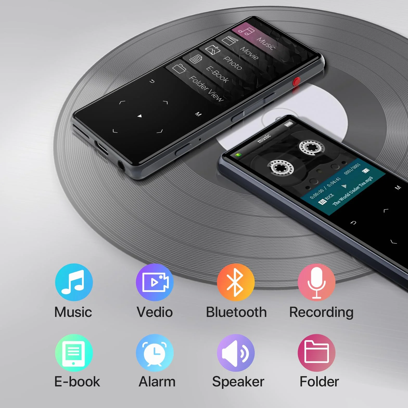HIFI WALKER Odtwarzacz MP3 M7 – 128 GB, Bluetooth 5.0, ekran dotykowy 2,4 cala, odtwarzacz muzyczny z głośnikiem, mini rejestrator głosu ze słuchawkami, przyciskami dotykowymi, przeglądarką zdjęć