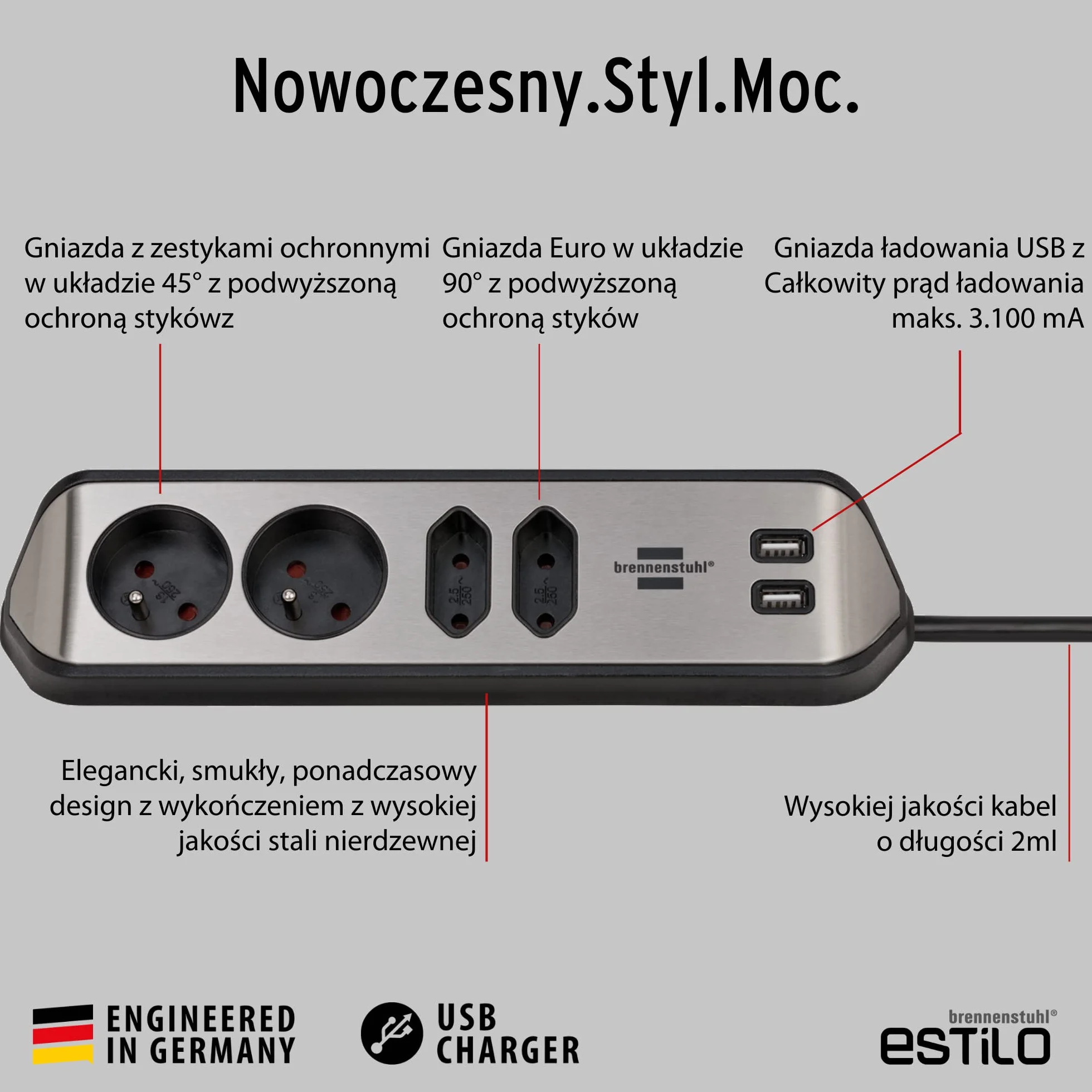 Brennenstuhl Estilo gniazdko narożne z 4 gniazdami wtykowymi listwa zasilająca stołowe z powierzchnią ze stali nierdzewnej do kuchni i biura, w zestawie z funkcją ładowania USB srebrno/czarny