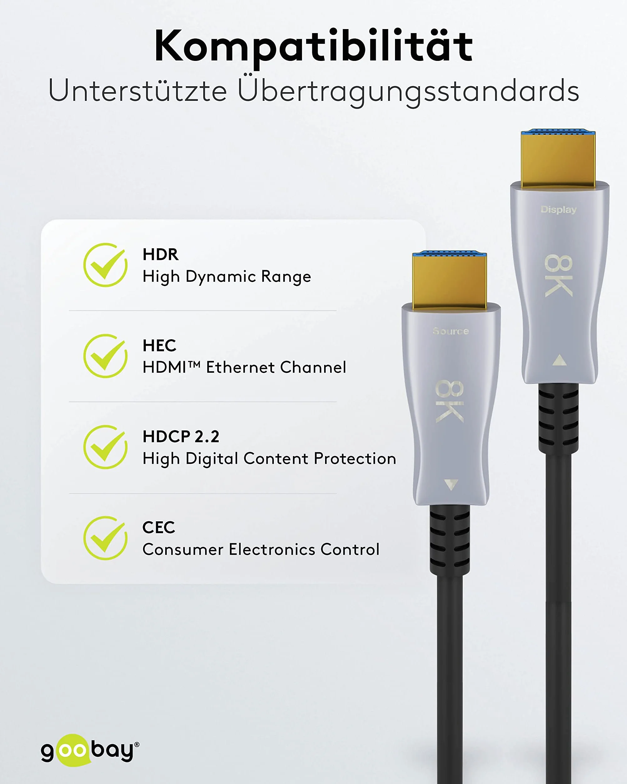 goobay 65564 Hybrydowy kabel optyczny Ultra High-Speed HDMI/Szybki kabel o pojemności 8K @60 Hz i 4K @ 120 Hz / 48 Gb/s, ARC (Audio Return Channel), HDCP / 80 metrów