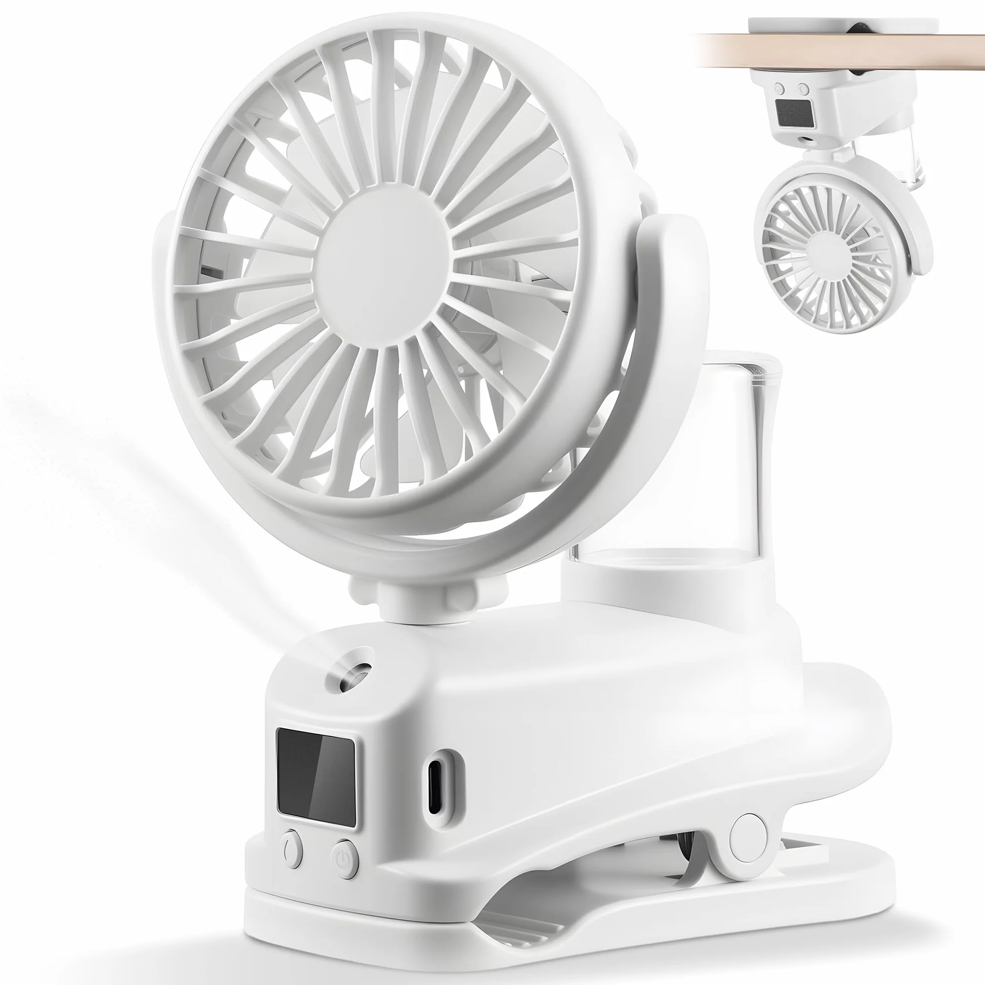 Wentylator stołowy, cichy, 4 prędkości, mały wentylator do wózka dziecięcego, obracany o 360° wentylator USB-C z klipsem, mini wentylator z chłodzeniem wodnym, przenośny wentylator stołowy, akumulator