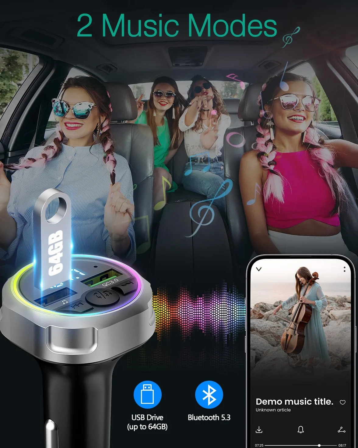 ORIA Nadajnik FM Bluetooth 5.3 60 W, bezprzewodowa ładowarka samochodowa z PD 30 W i QC3.0 18 W, obsługa napędu USB, kolorowe światło oddechowe, połączenia bez użycia rąk, adapter audio radia