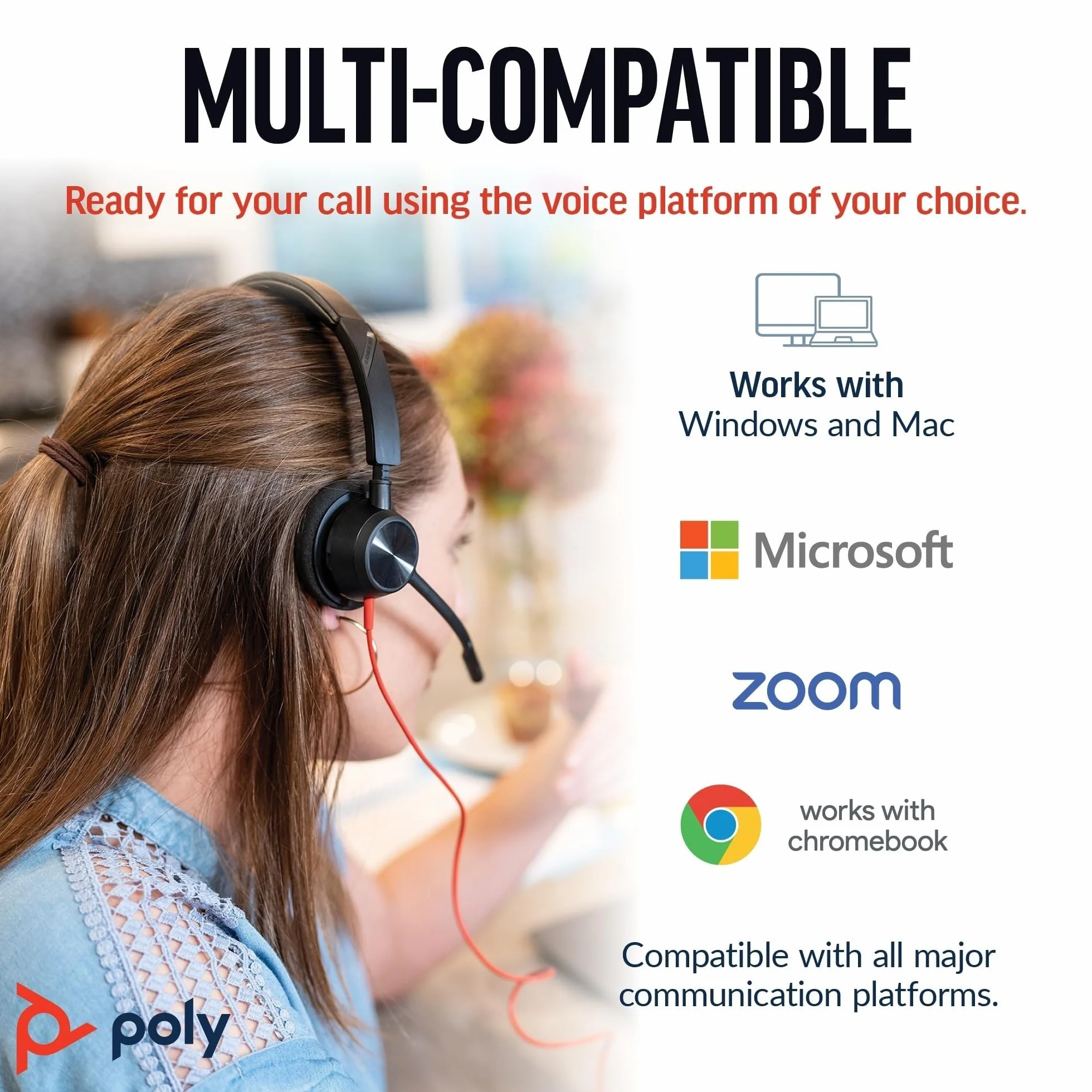 Poly Blackwire 3320 przewodowy zestaw słuchawkowy (Plantronics) – elastyczny wysięgnik mikrofonowy – stereo Hi-Fi, połączenie z komputerem PC/Mac przez USB-C lub USB-A – współpracuje z zespołami/Zoom,