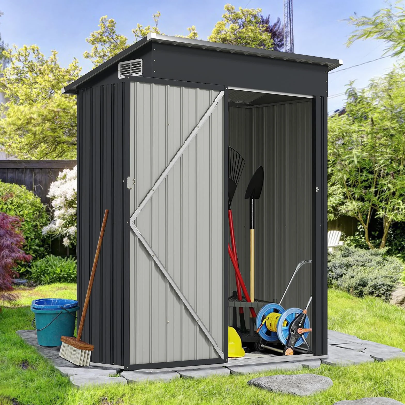 COSTWAY Domek ogrodowy metalowy, 150 x 90,5 x 185 cm | 1,5 m³, z dachem jednospadowym i drzwiami, szopa