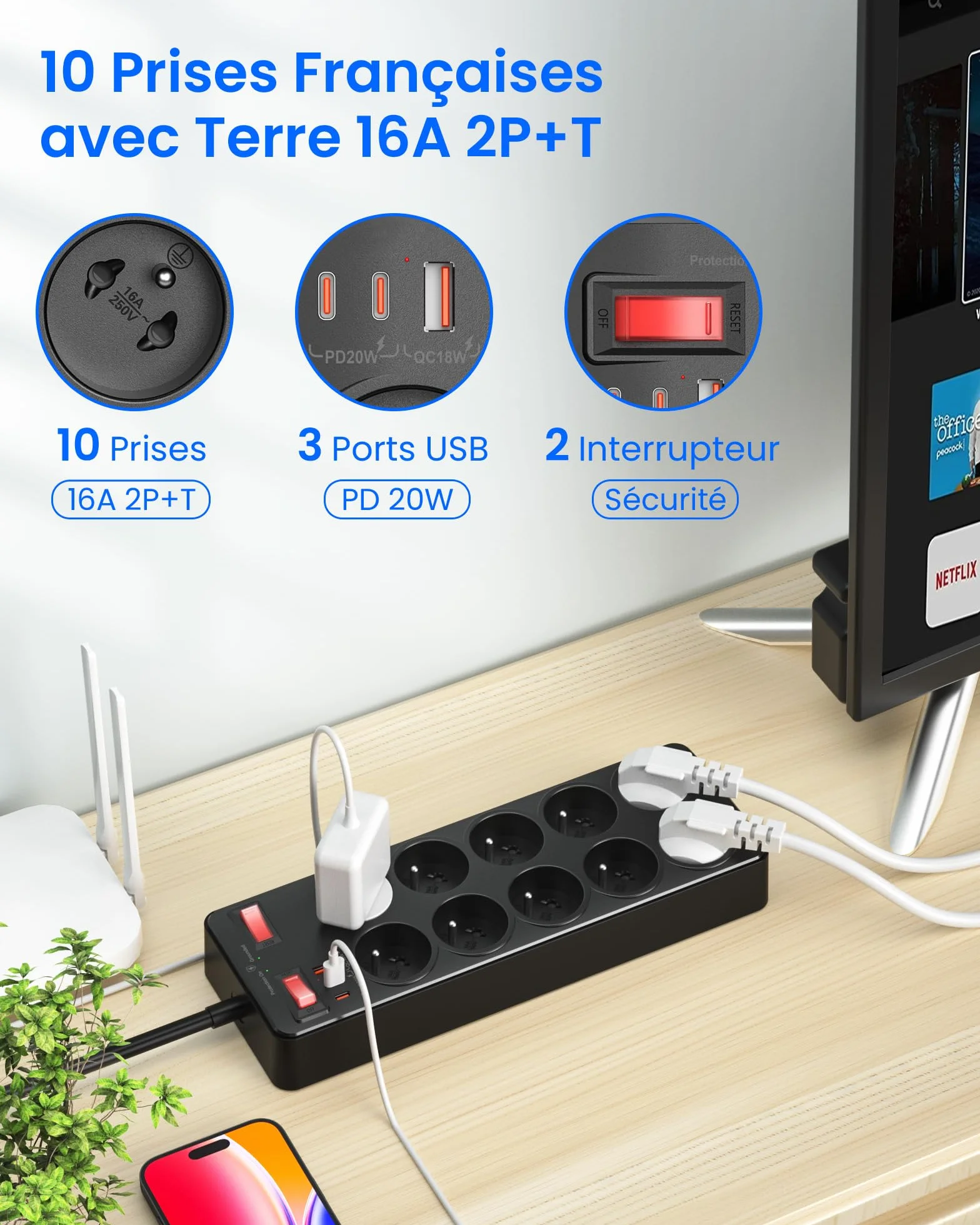 Listwa Zasilająca Przeciwprzepięciowa, Polskie 10 Gniazda z Masą 16A 2P+T | Listwa Zasilająca USB C z Wyłącznikami, Wielokrotne Gniazdo Wtyczka Schuko Typu E, Elektryczne Przedłużacz 2 M Kabel, Czarny