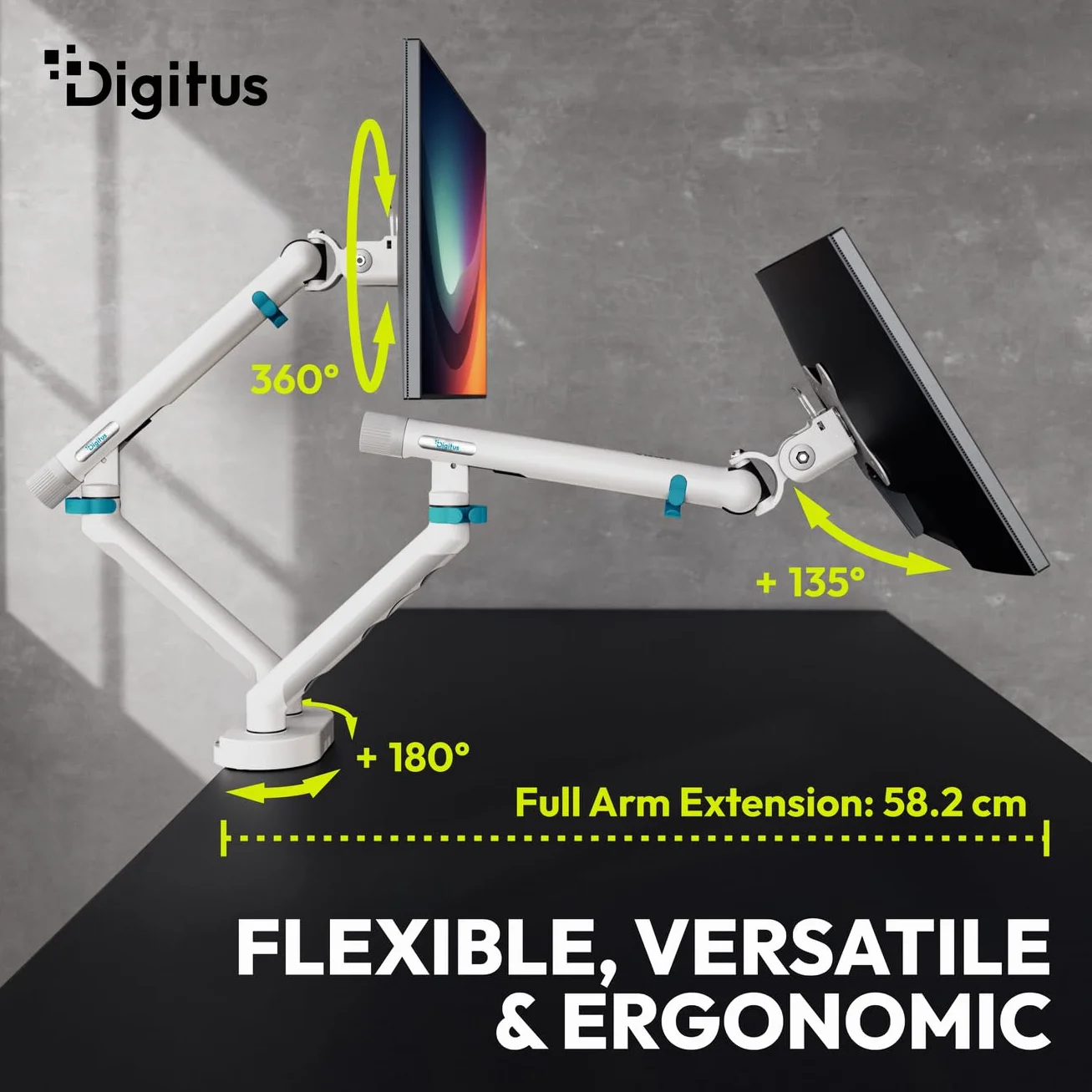 DIGITUS Podwójny uchwyt do monitora – dwa monitory – do 35 cali – sprężyna mechaniczna – nośność 10 kg – do płaskich i zakrzywionych ekranów – VESA 75x75, 100x100 – seria Design – biały