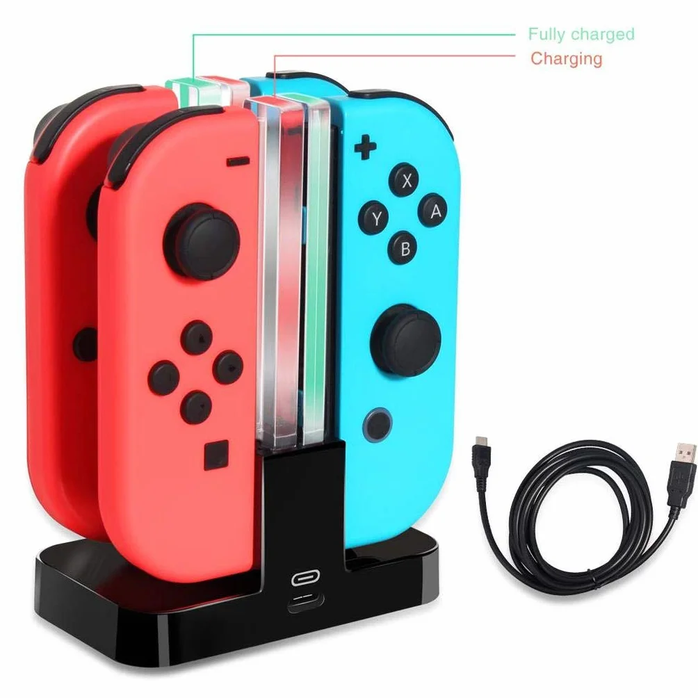INF Stacja ładująca Nintendo Switch ze wskaźnikiem LED, ładowarka Joy-con 4 w 1 z kablem ładującym USB C, czarna