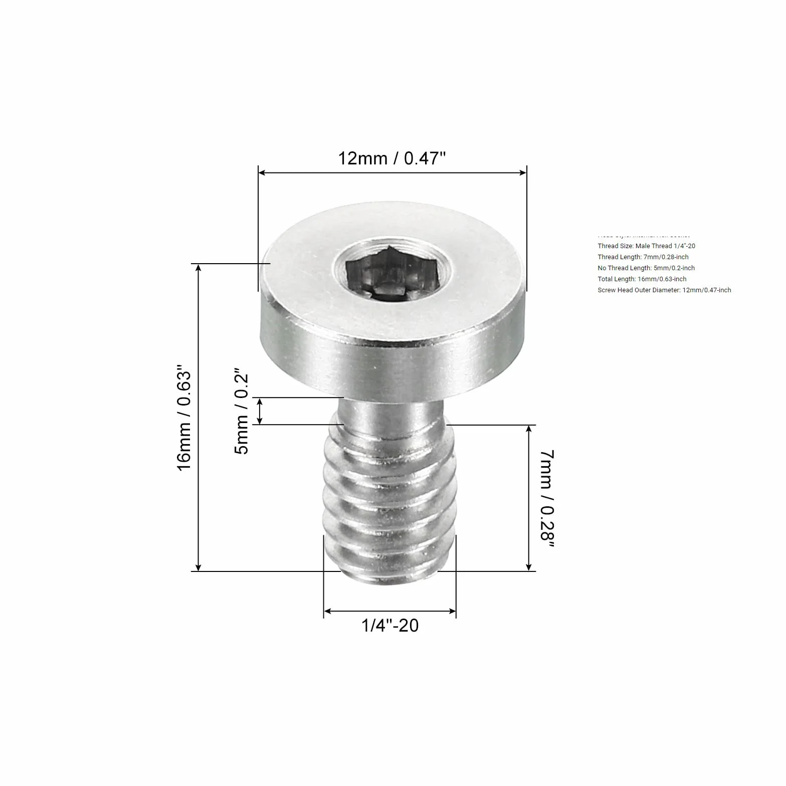 PATIKIL 1/4"-20 Gwint 16 mm Długość Aparatu Szybkie zwalnianie Śruba Statyw, 5 sztuk Śruby z gniazdem sześciokątnym ze stali nierdzewnej do akcesoriów do aparatu DSLR, srebrny