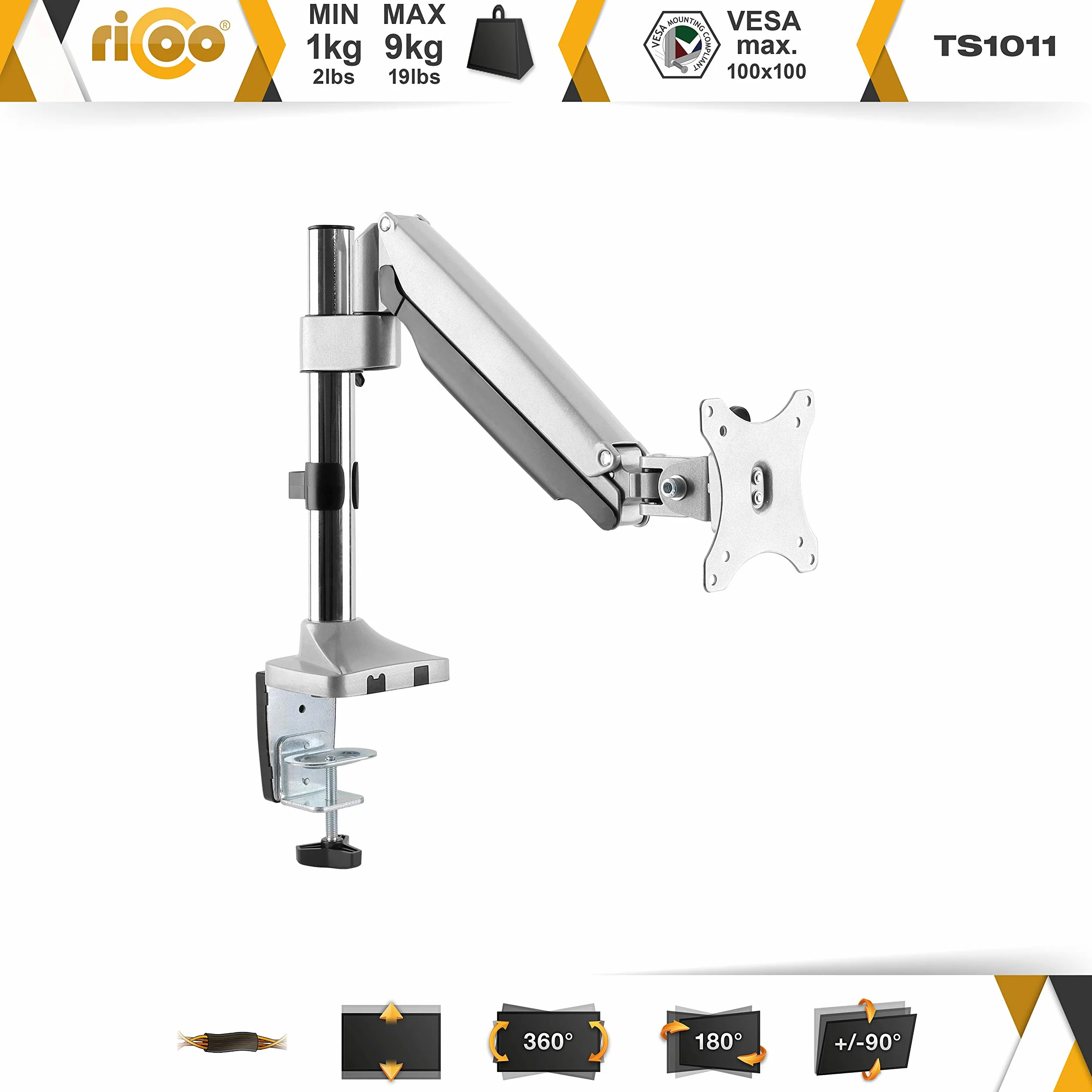 RICOO Uchwyt do monitora 1 monitor uchwyt stołowy TS1011 uchwyt do monitora 13-30 cali do montażu na stole VESA 75x75 100 x 100 uchwyt na ekran obrotowy uchwyt monitora z regulacją wysokości