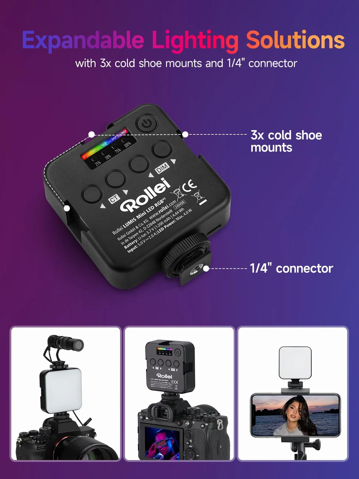 Rollei Lumis Mini RGB-Color światło ciągłe LED, lampa wideo z 60 diodami LED, 2500-9000 K, 6 W, 200 luksów (0,5 m przy 5500 K) | te Led Camera CRI 95+, wbudowany akumulator i ładowanie typu C