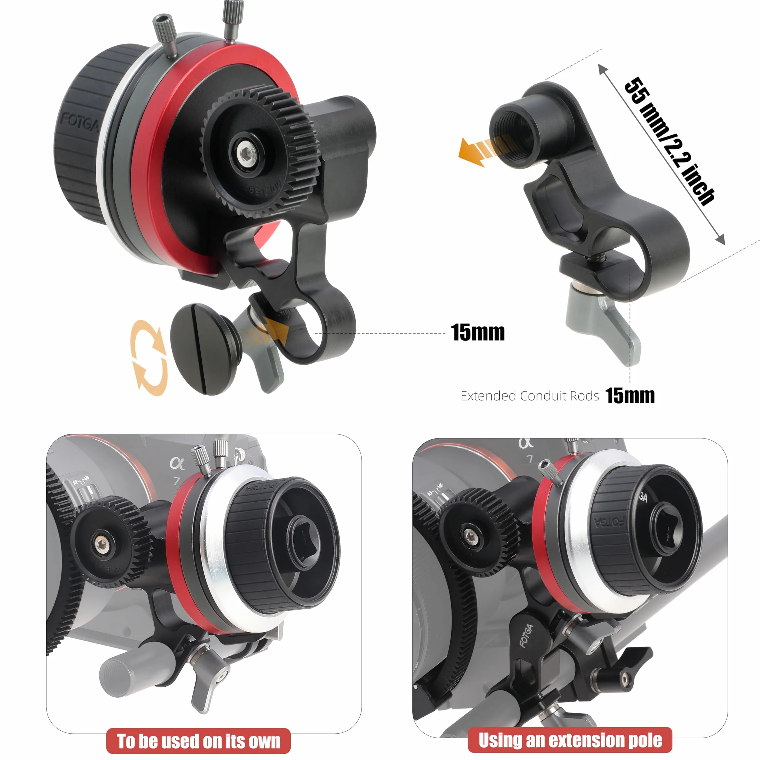 FOTGA Mini Follow Focus z ogranicznikami A/B i zaciskiem pręta 15 mm, pasek pierścienia zębatego i zestaw ramienia przedłużającego do lustrzanek cyfrowych/aparatu bezlusterkowego, zestawu klatek na