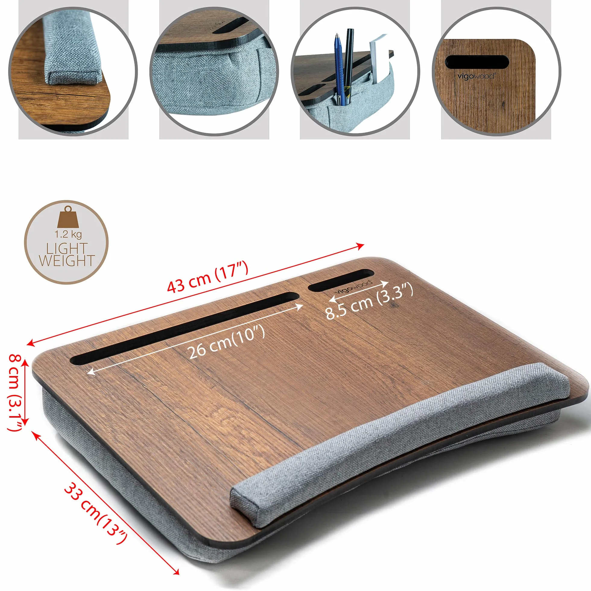 Vigo Wood Drewniana Taca na Laptopa 15,6'' z Poduszką, Biurko na Kolana z Uchwytami na Tablet i Telefon, Idealne do Łóżka i Kanapy