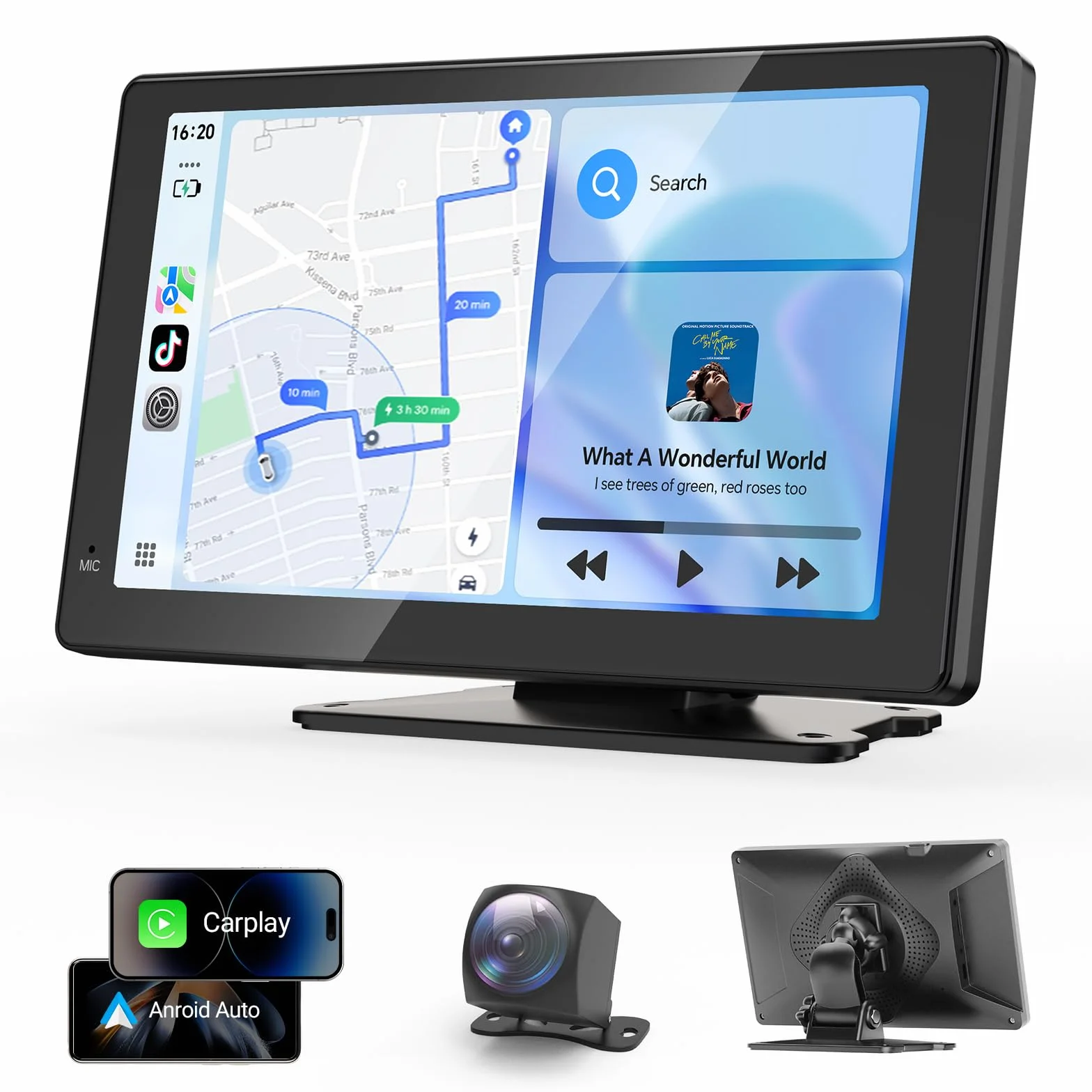 Haudio 7-calowy ekran Carplay do Apple & Android Auto, przenośne radio samochodowe z tylną kamerą 1080p, bezprzewodowe odtwarzanie samochodu ze sterowaniem głosem i łączem lustra, ekran dotykowy audio