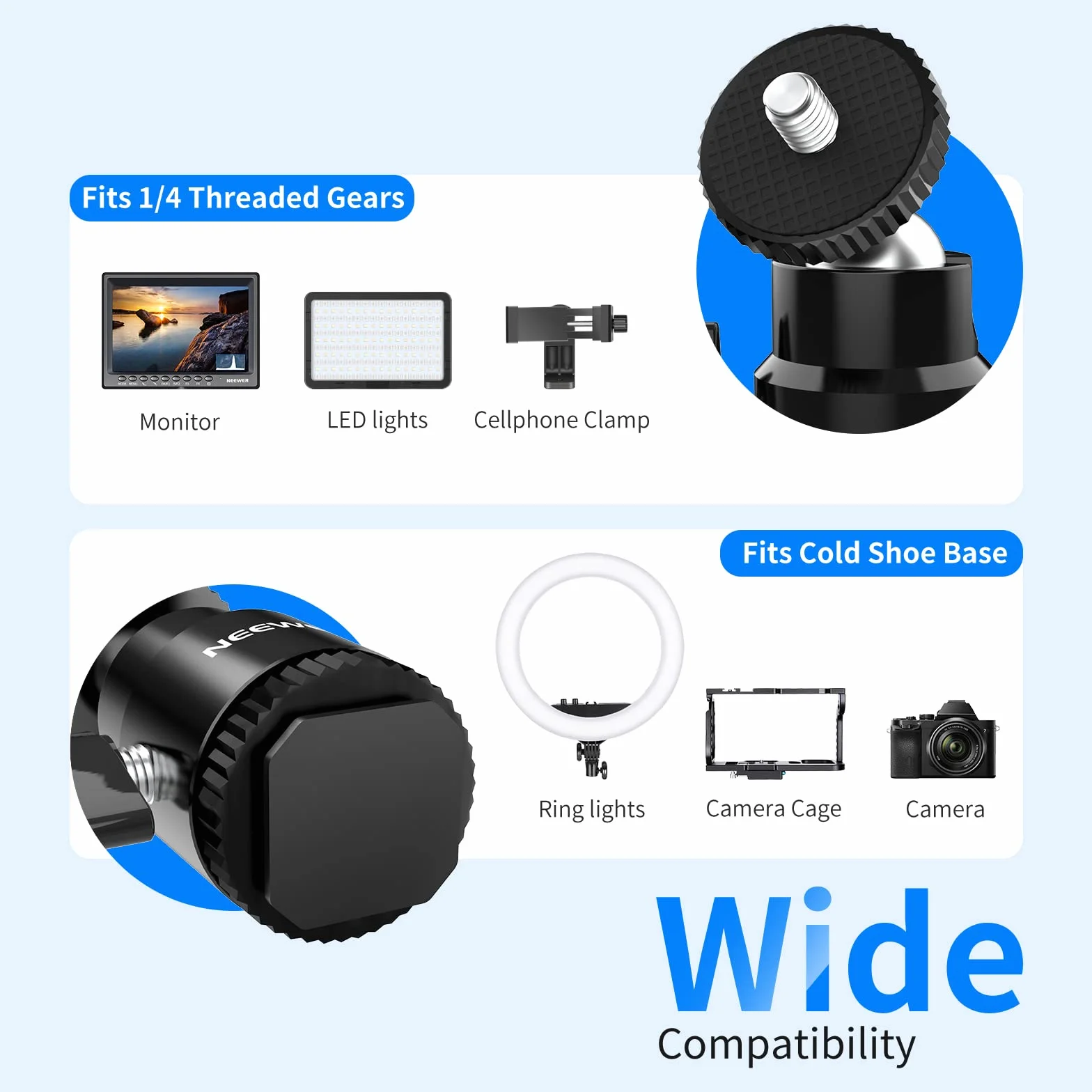 Neewer ST17 ST17 zestaw 2 uchwytów do lampy błyskowej 1/4" z dodatkową śrubą 1/4", mini adapter z głowicą kulową do aparatów, kamkorderów, smartfonów, lamp wideo, mikrofonów, światła pierścieniowego