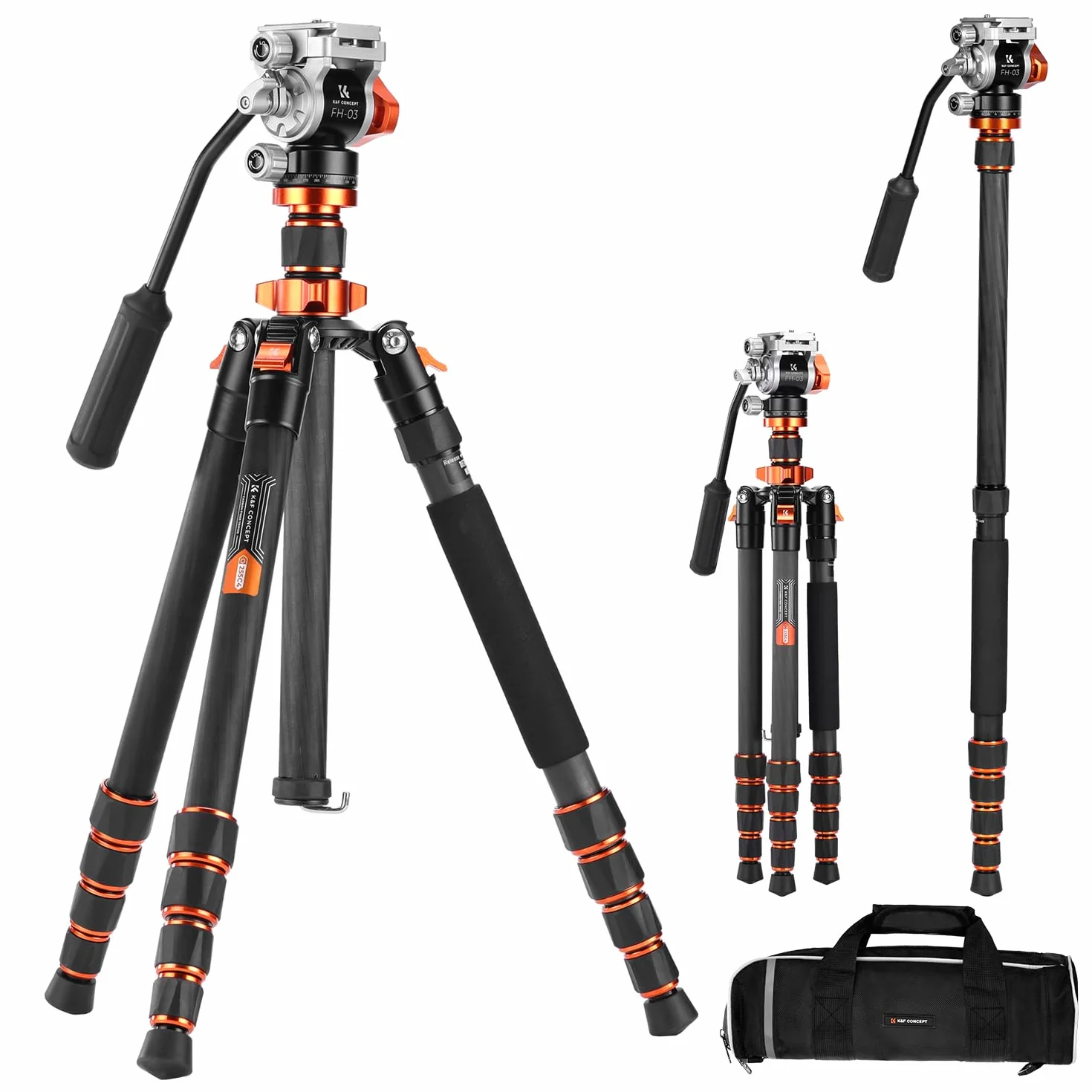 K&F CONCEPT Statyw z włókna węglowego 173 cm, statyw fotograficzny z głowicą hydrauliczną ± 90°, statyw wideo monopod 182 cm z szwajcarską Arca do lustrzanki, Max 5kg, O255C4+FH-03