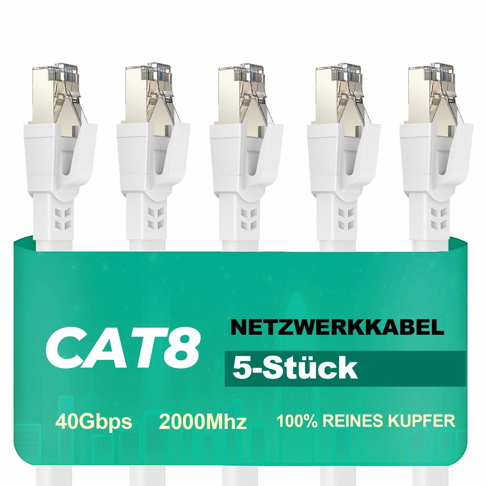 Ercielook Kabel Ethernet CAT8 0,2 m (5 szt.), wysoka prędkość 40 Gb/s, 2000 MHz, ekranowany, płaski kabel sieciowy, profesjonalny kabel internetowy RJ45 do routera/komputera / gier, modemu/panelu