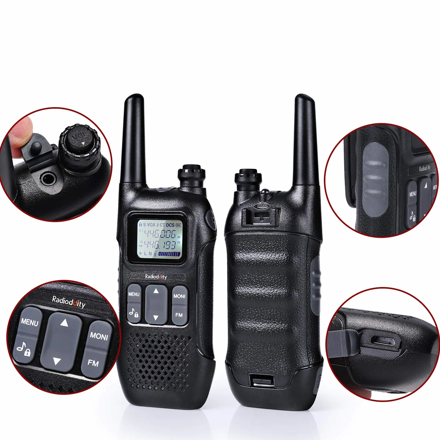 Radioddity PR-T1 PMR446 zestaw 4 krótkofalówek z wyświetlaczem LCD, zasięg 4 km, 16 kanałów, bez licencji, akumulator, kabel USB do ładowania, do aktywności na świeżym powietrzu, na kemping