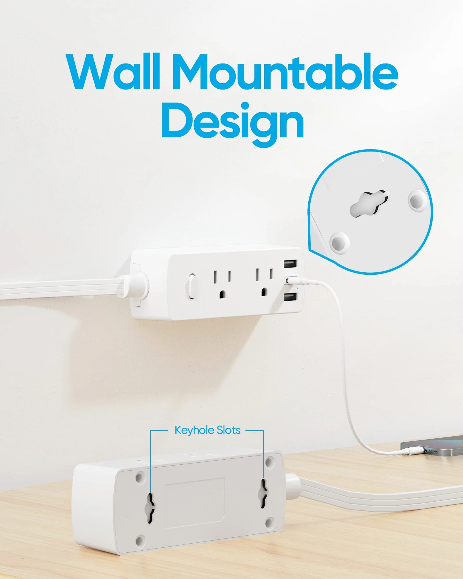 Olcorife - Płaski przedłużacz 20 stóp z 6 gniazdami 3 portami USB (1 USB C), 3-stronny przedłużacz wyjściowy, ochrona przeciwprzepięciowa do domu, biura, sypialni, pokoju
