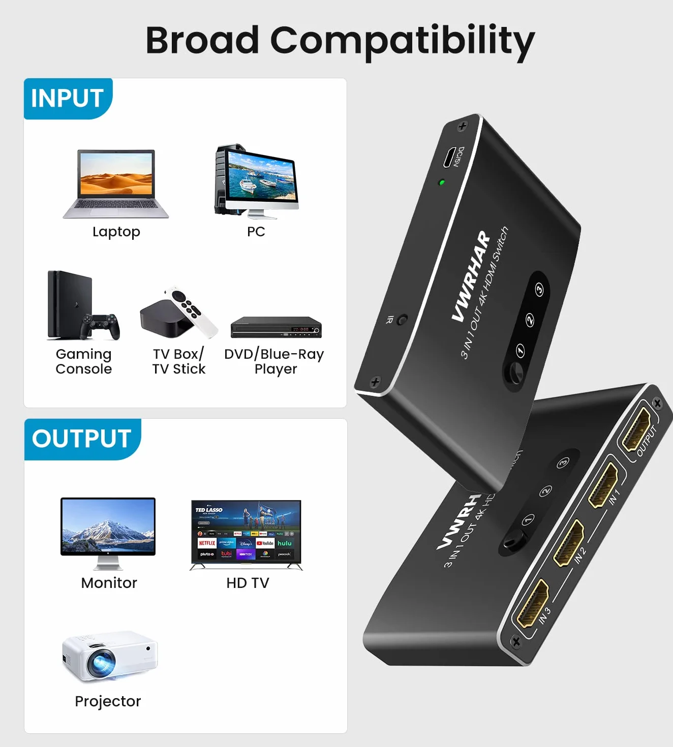 Przełącznik HDMI 3 w 1 Rozdzielacz 4K UHD, Metalowy Przełącznik 4K 30 Hz 3D HDCP1.4 dla PS5/PS4/Xbox