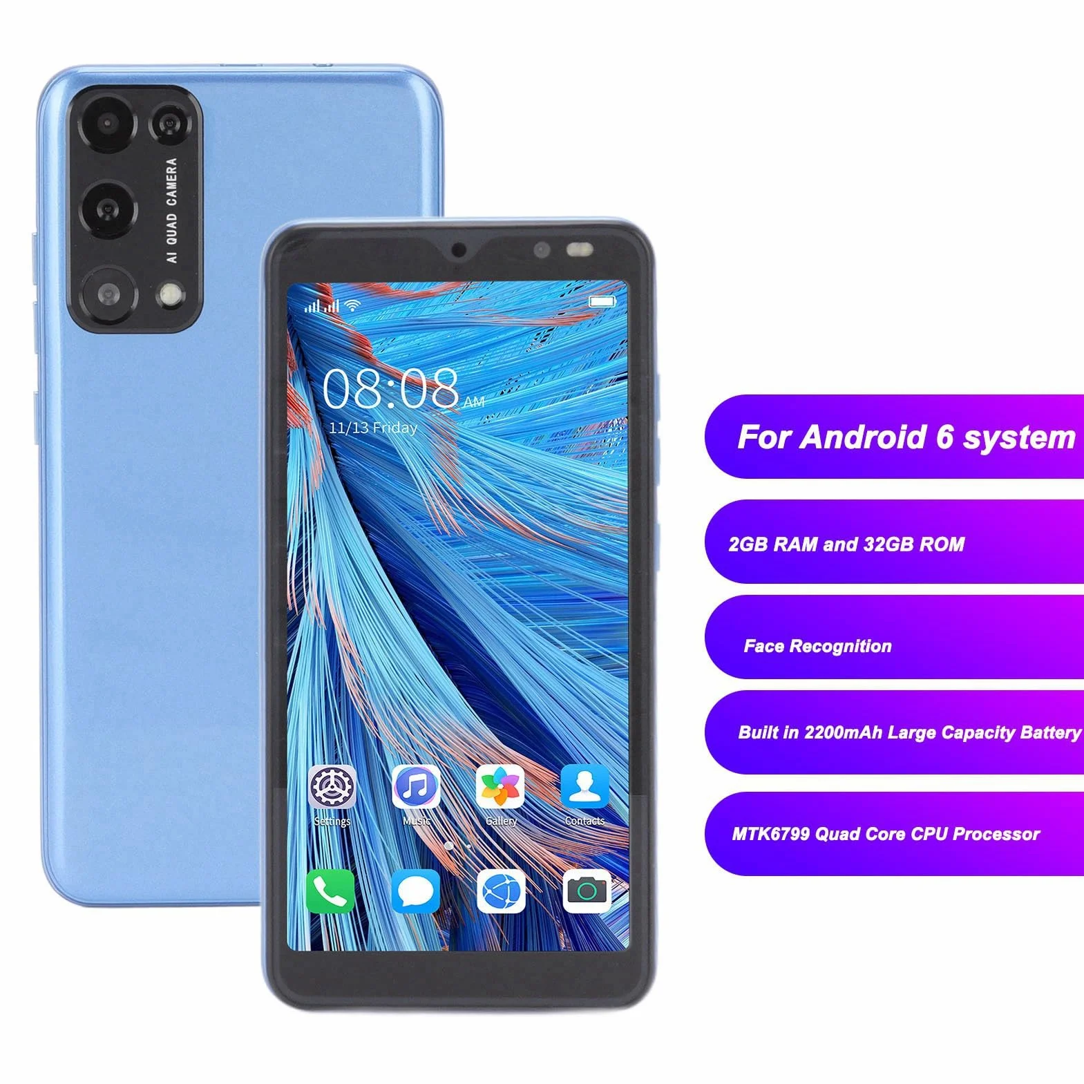 Telefon Komórkowy Rino8 Pro 3G, Smartfon Dual SIM Z Podwójnym Trybem Gotowości, Telefon Komórkowy Z Pełnym Ekranem 5,45 Cala HD Plus, 2 GB/32 GB, Tylny Aparat Przedni 5 MP I 2 MP(Niebieski)