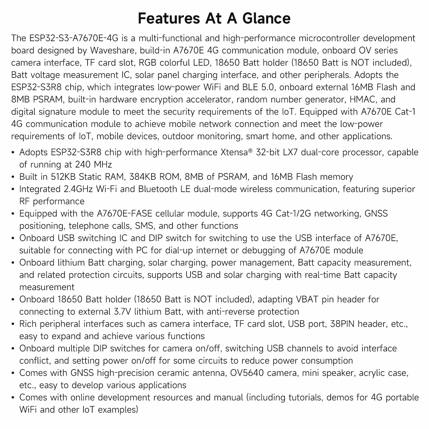 Waveshare ESP32-S3 A7670E 4G Development Board, with Camera/Speaker/Antenna | LTE Cat-1/2G/WiFi/BT/Telephone Call/SMS/GNSS Positioning Support, For 4G Portable WiFi